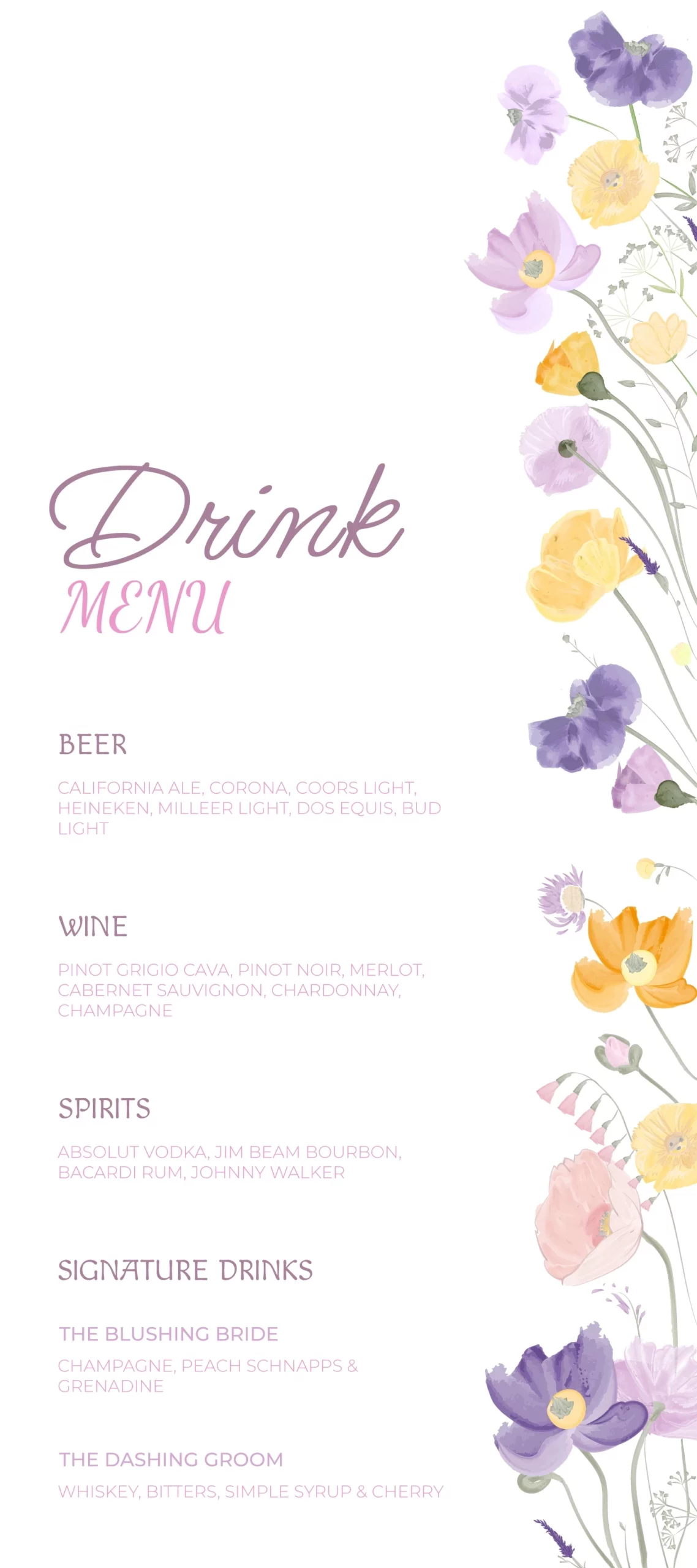 Wedding Bar Menu Free Google Docs Template - Gdoc.io intended for Free Printable Bridal Shower Menu Template