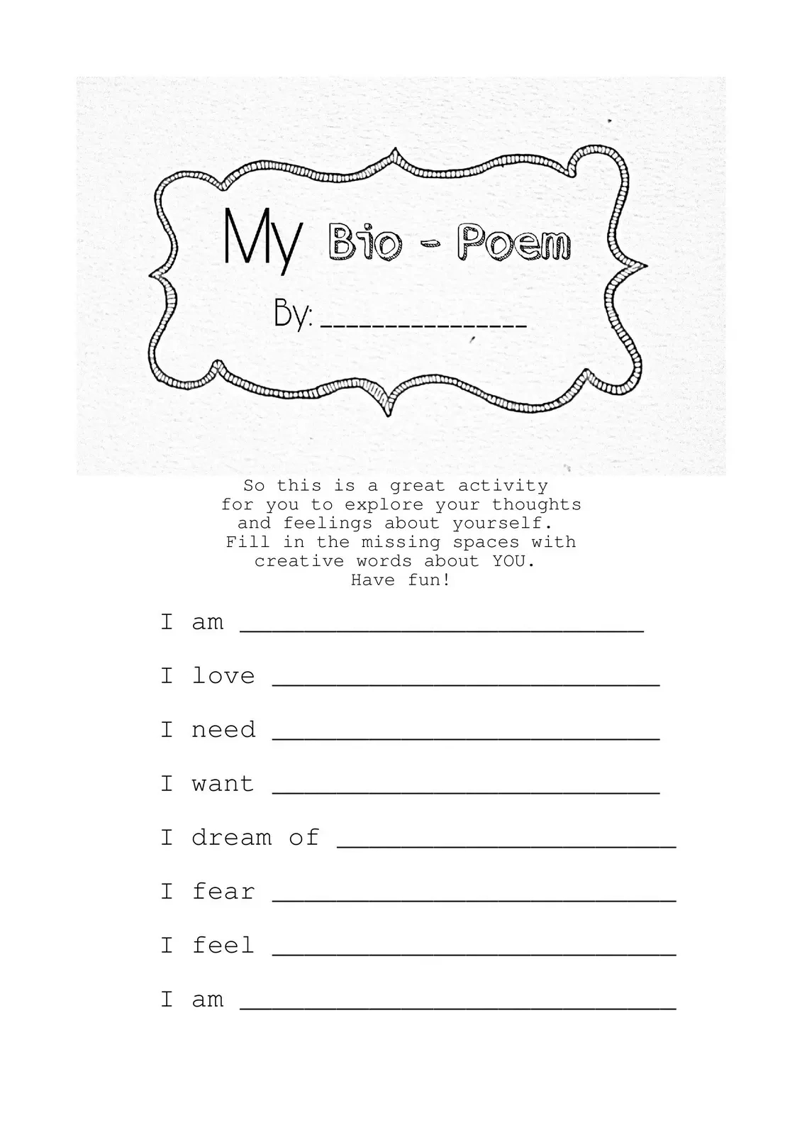 Worksheets And Activities for Free Printable Bio Poem Template