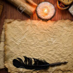Ancient Papyrus Paper With Feather And Candle On Wood Table With Feather And Papyrus Template