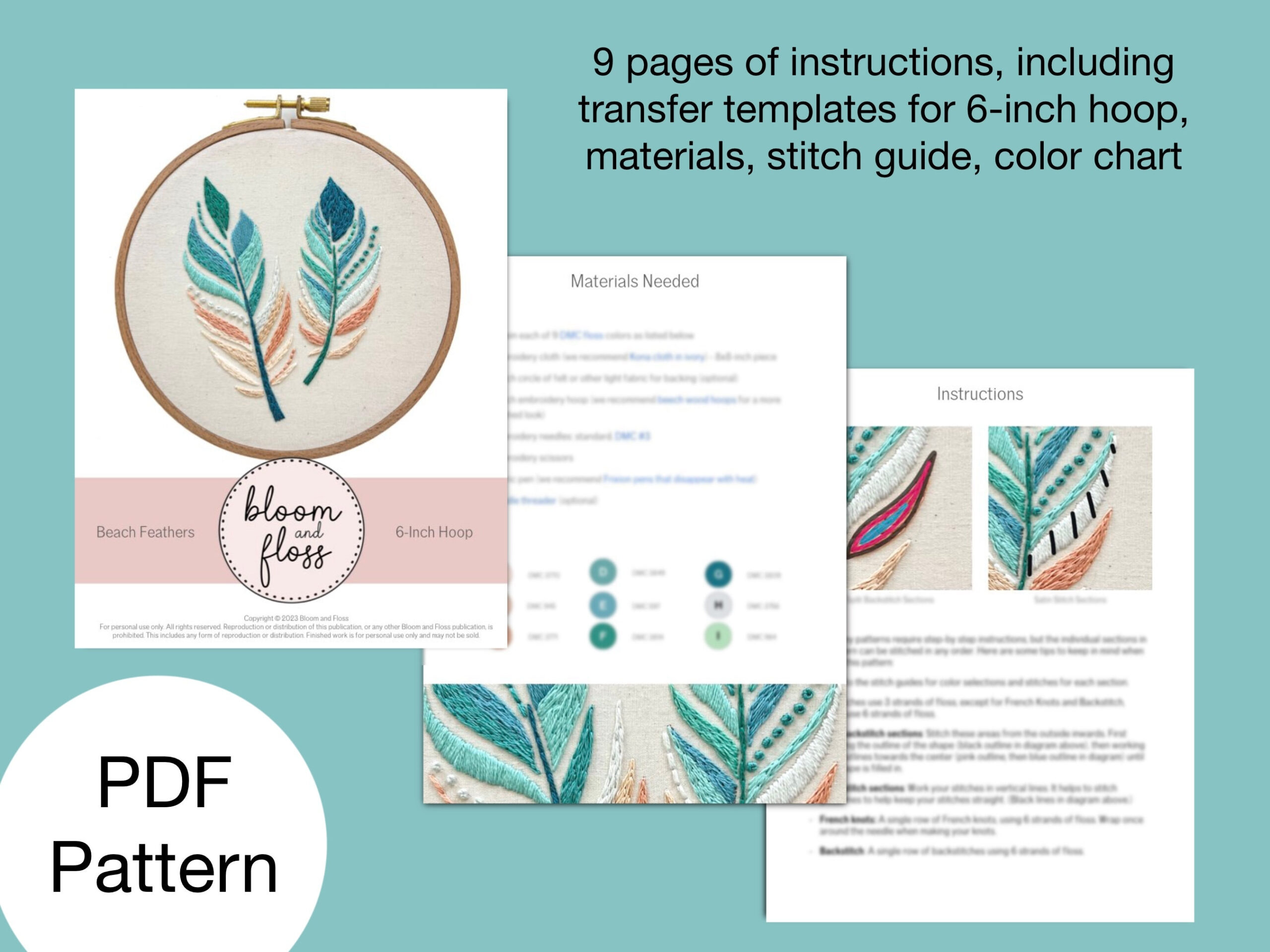 Beach Feather Hand Embroidery Pattern - Pdf Instant Download For regarding 6 Inch Feather Template