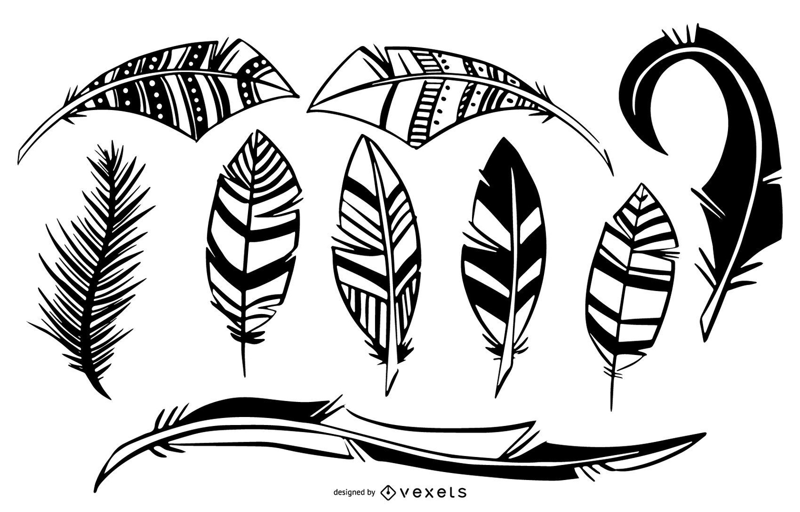 Bird Feather Black White Illustration Set Vector Download regarding Feather Template Black And White