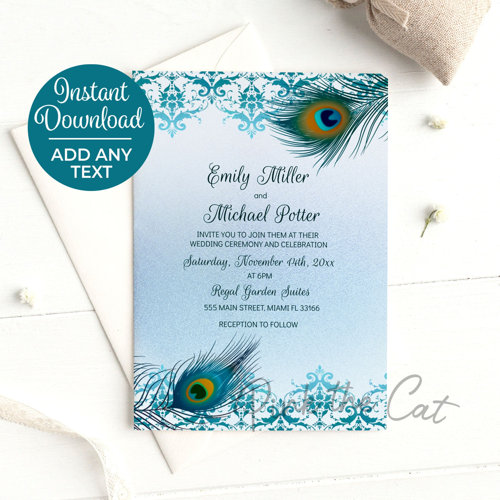 Buy Peacock Wedding Invitation Teal Blue With Feathers And Ethnic throughout Free Peacock Feather Invitation Template