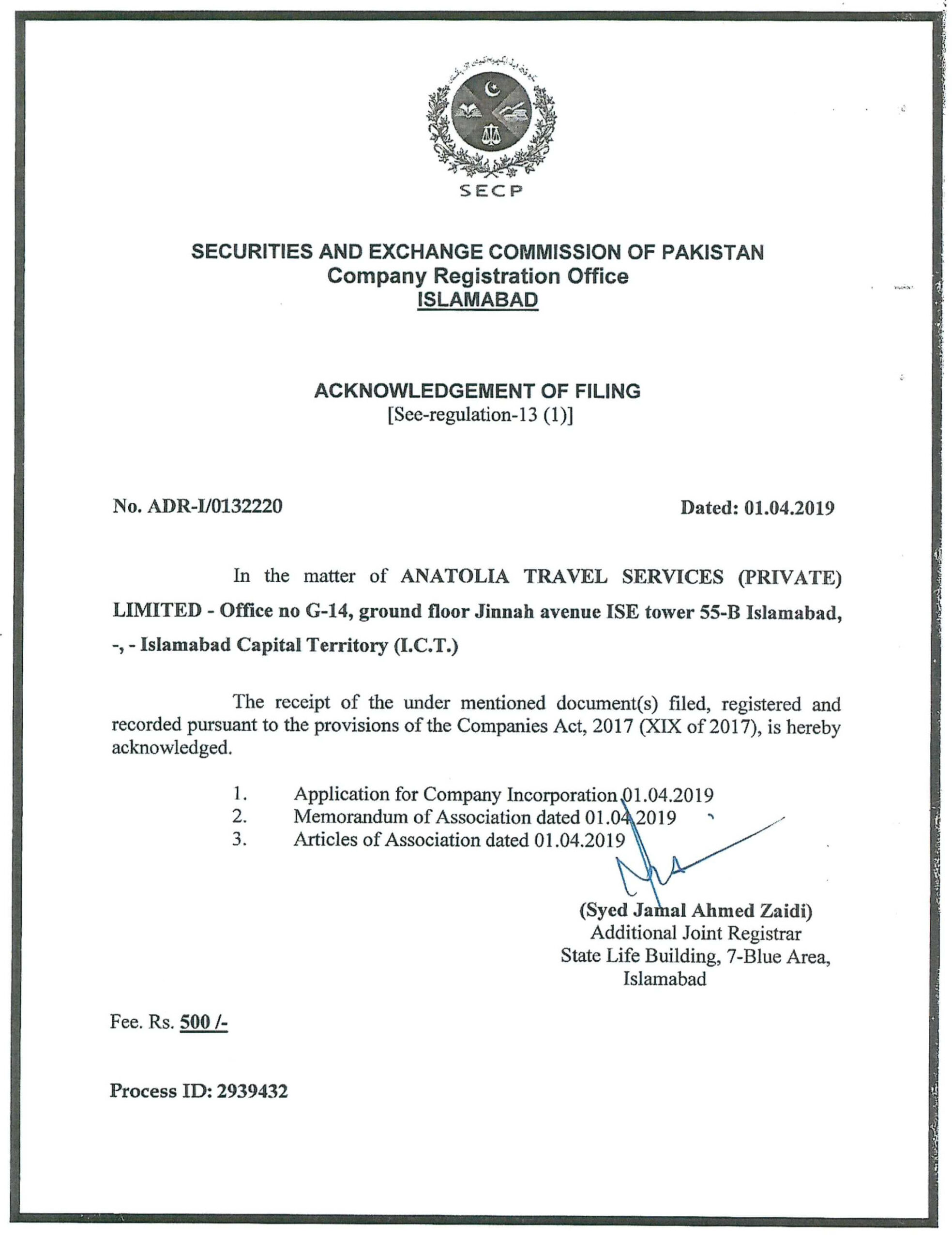 Certificates | Anatolia Travel Services (Pvt) Limited ® | Pakistan throughout Travel Insurance Certificate For Turkey From Pakistan Template