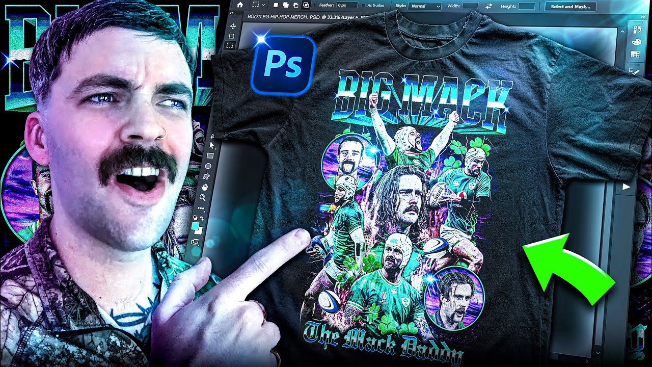 Design Vintage Bootleg Rap Merch - Photoshop Tutorial 2023 with PSD Template to Feather a Shirt