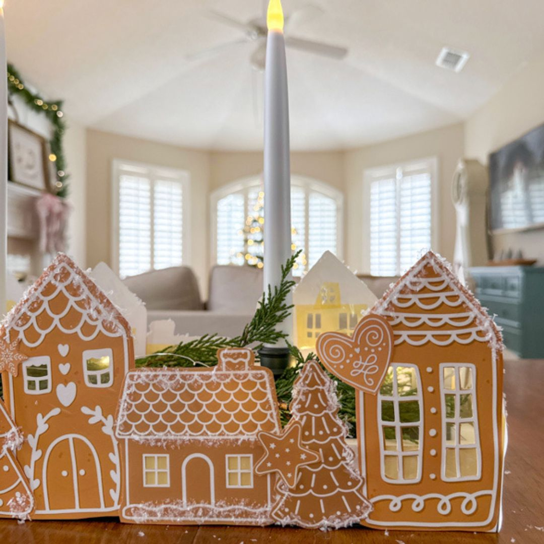 Diy Printable Gingerbread Village Centerpiece With Candles within Gingerbread House Decorations Template
