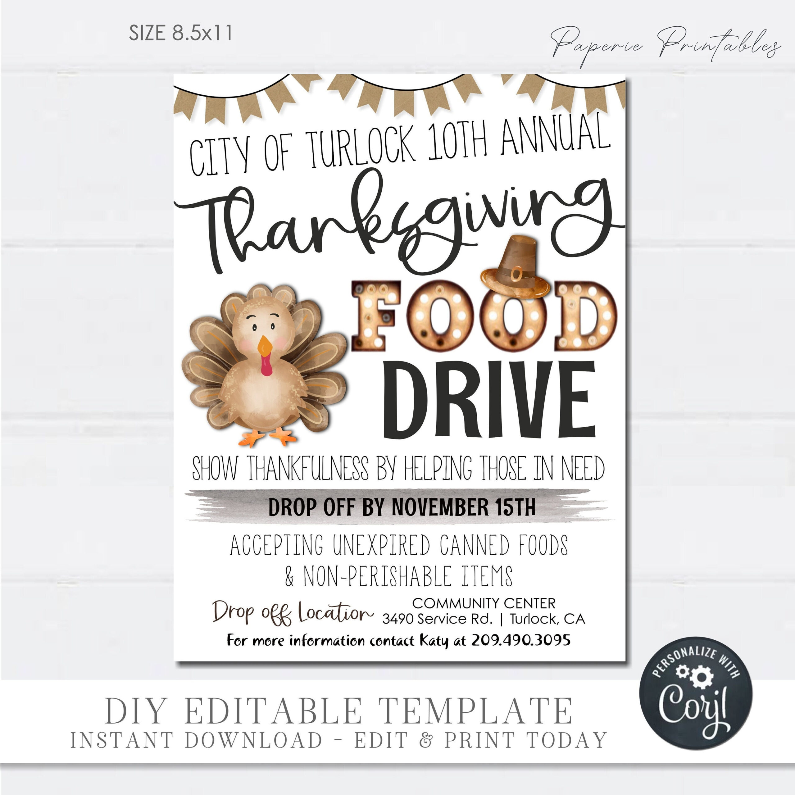 Editable Thanksgiving Food Drive Flyer: Community Event (Diy Corjl in Turkey Drive Flyer Template