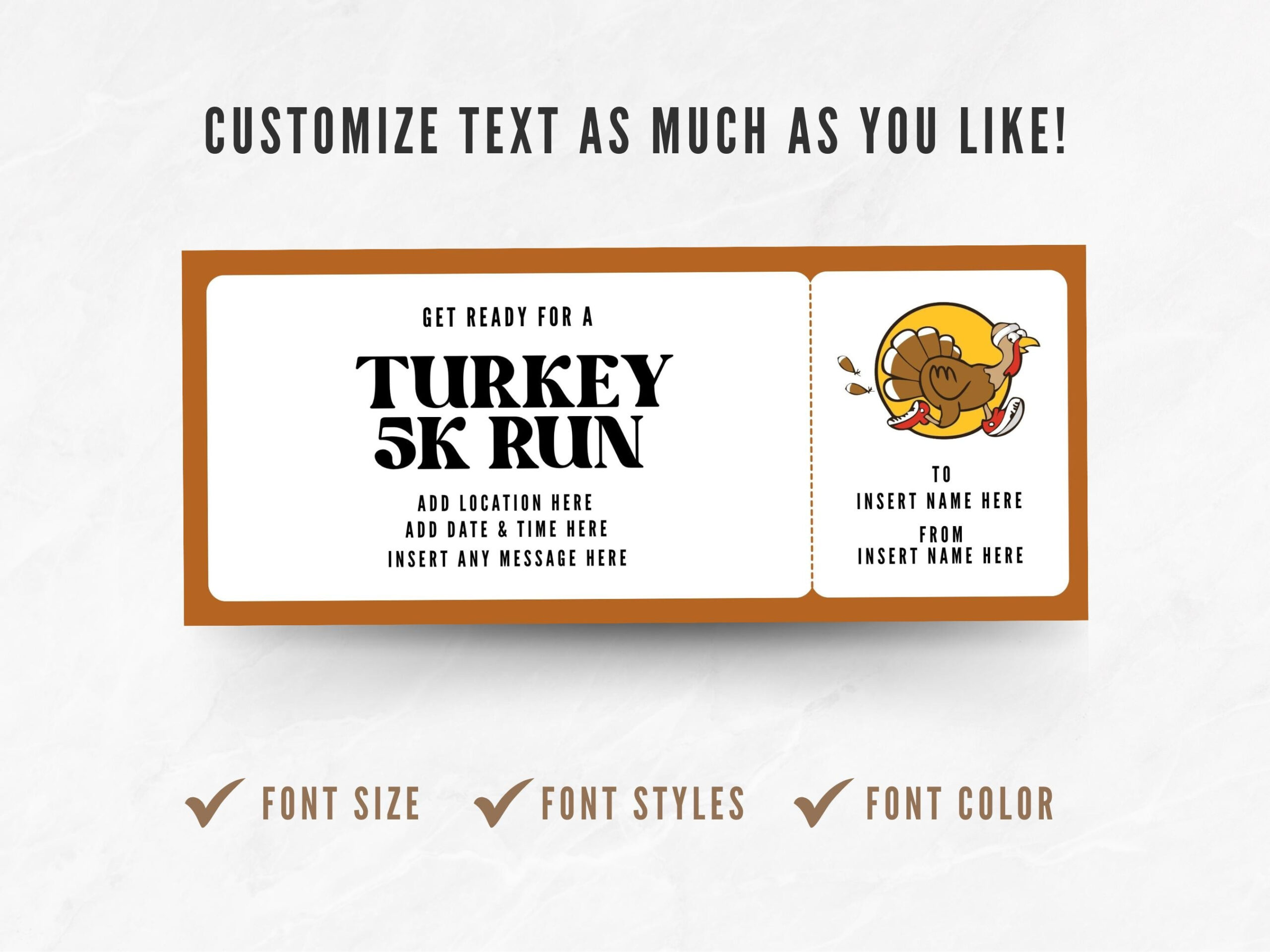 Editable Turkey 5K Run Ticket Template, Custom Thanksgiving 5K in Turkey Trot Certificate Template