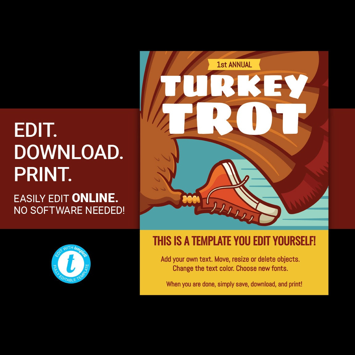 Editable Turkey Trot Thanksgiving Run Walk Printable Flyer Or inside Turkey Trot Flyer Template