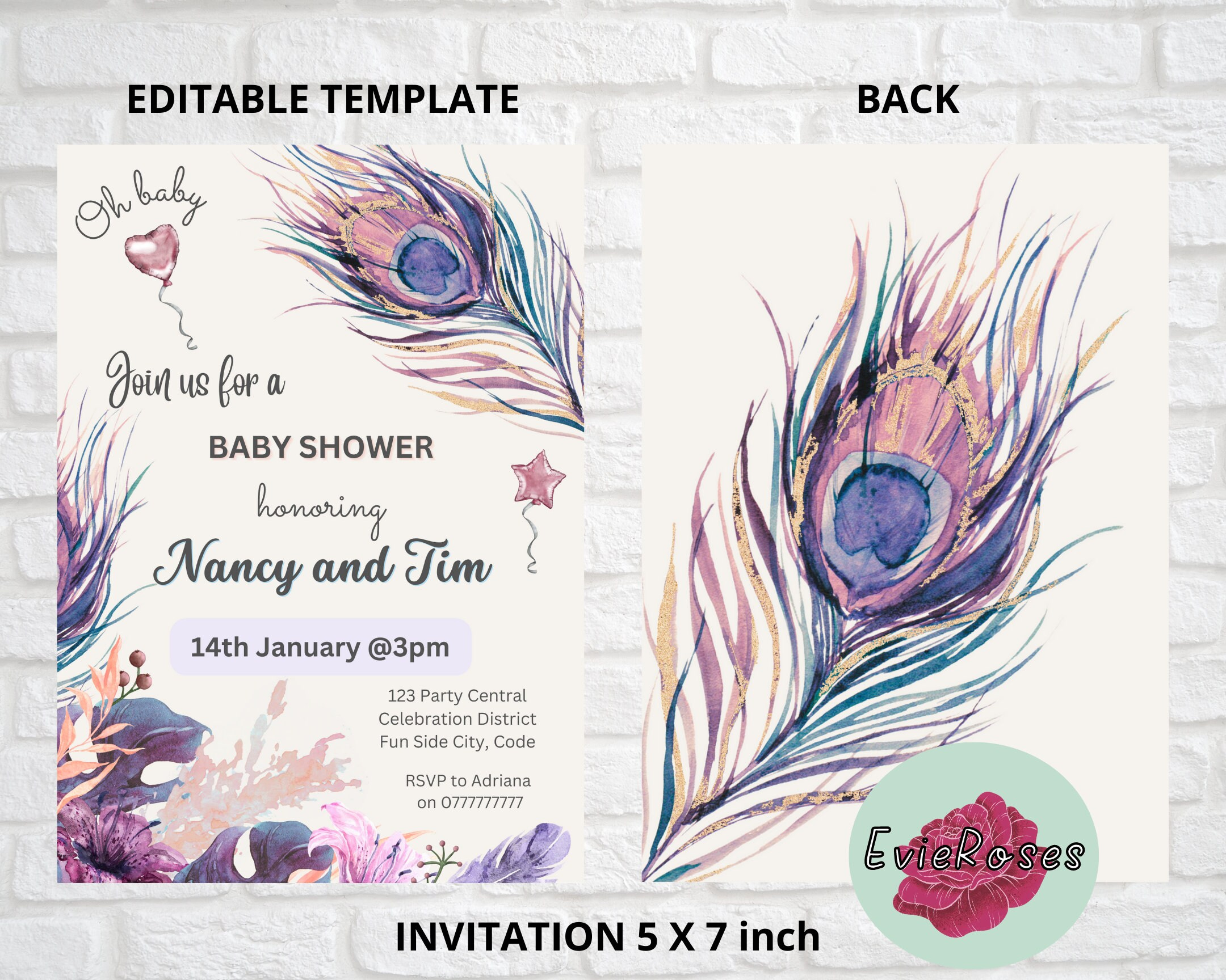 Floral Feather Baby Shower Invitation: Editable Pink Decor pertaining to Peacock Feather Baby Shower Invitation Template
