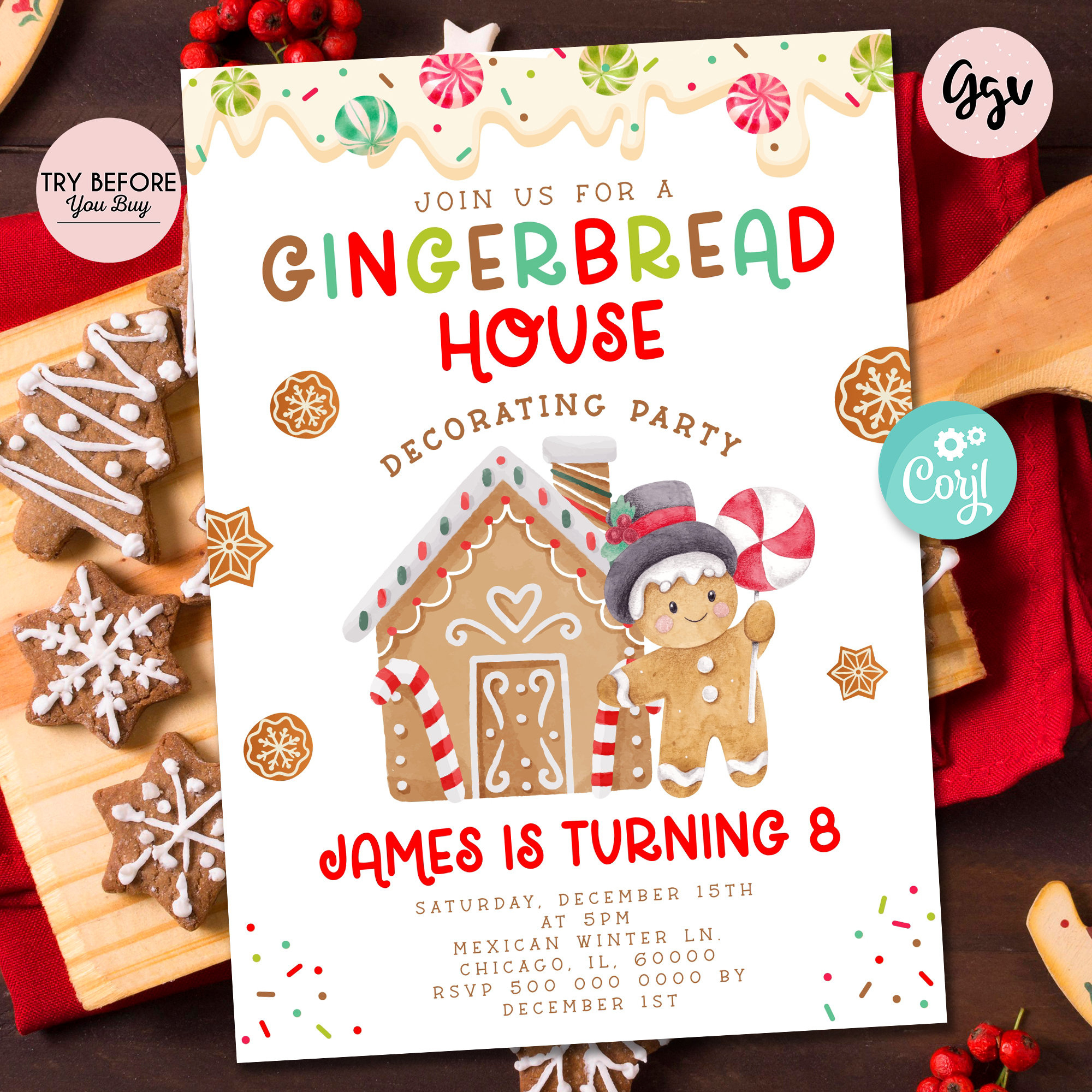 Gingerbread House Birthday Party Invitation: Cookie Decorating with Gingerbread House Invitation Template
