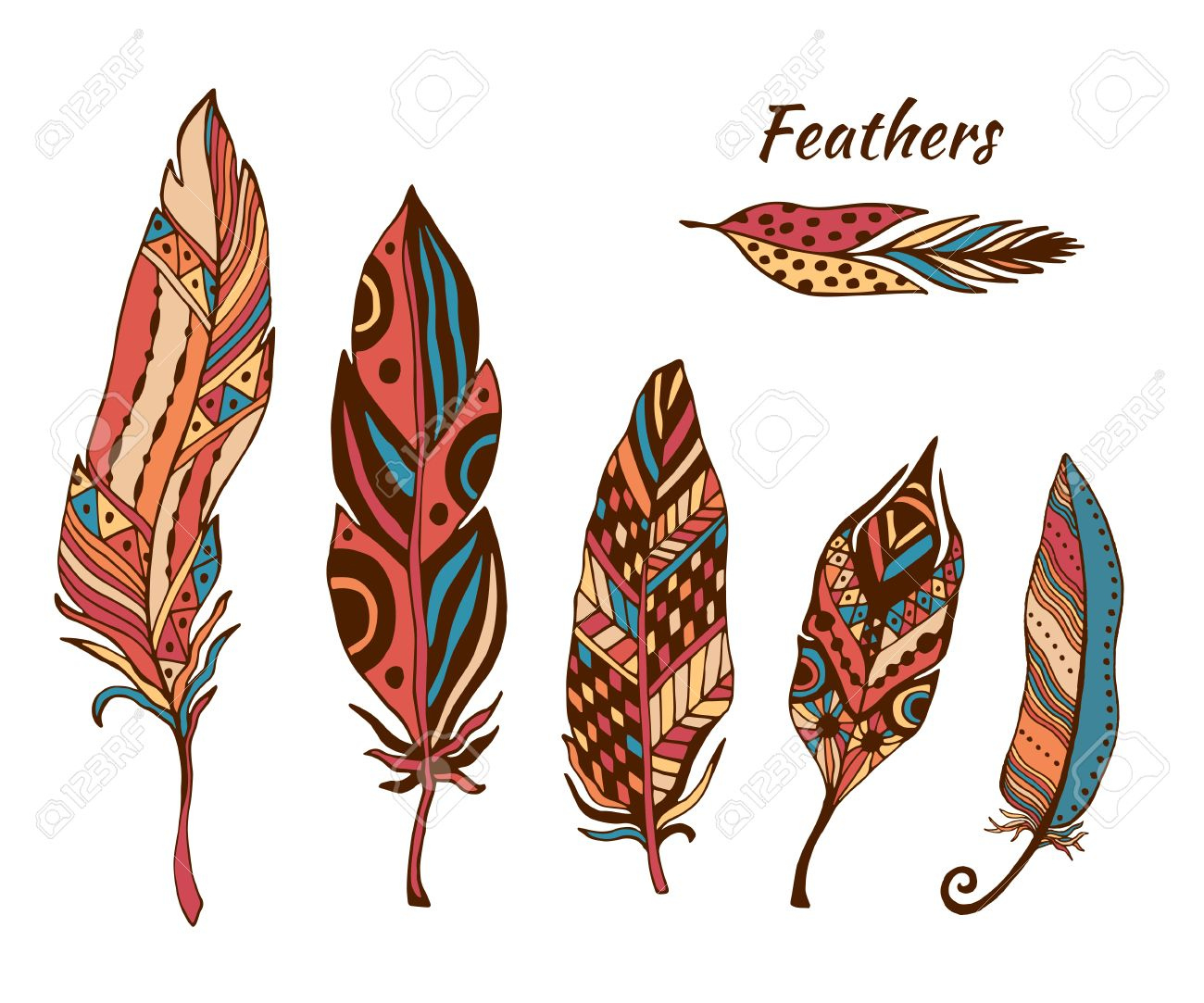 Hand Drawn Boho Feathers Vector Collection. Set Of Doodle Ethnic inside Cute Feather Template