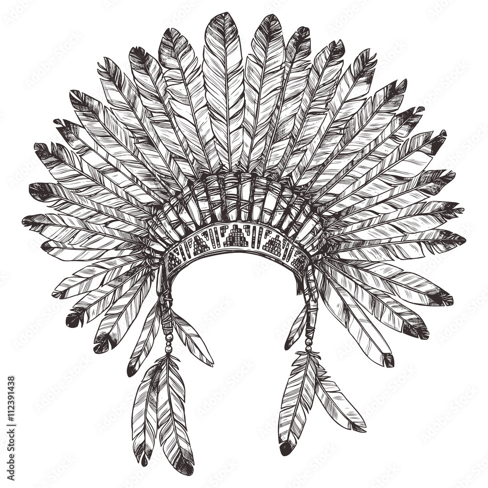 Hand Drawn Native American Indian Headdress. Vector Monochrome inside Indian Headdress Feather Template