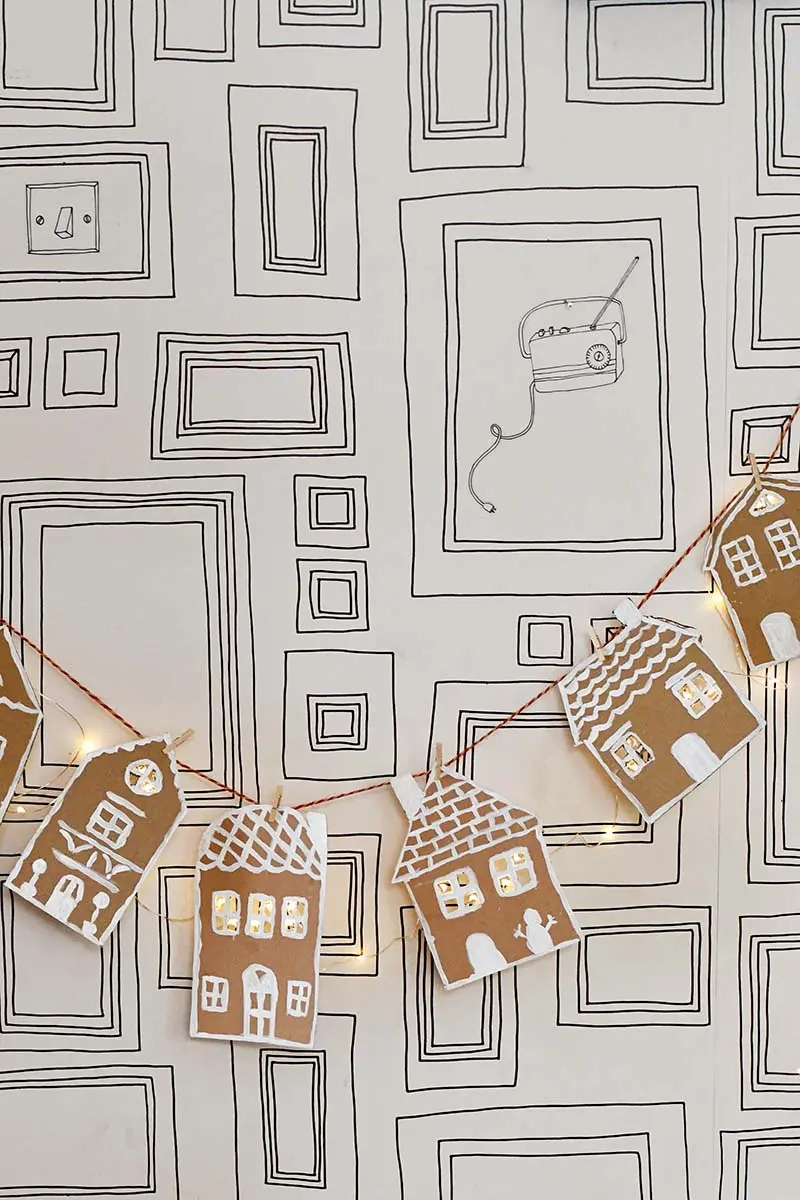 How To Upcycle Packaging Into A Gingerbread Garland - Pillar Box Blue with Gingerbread House Garland Template