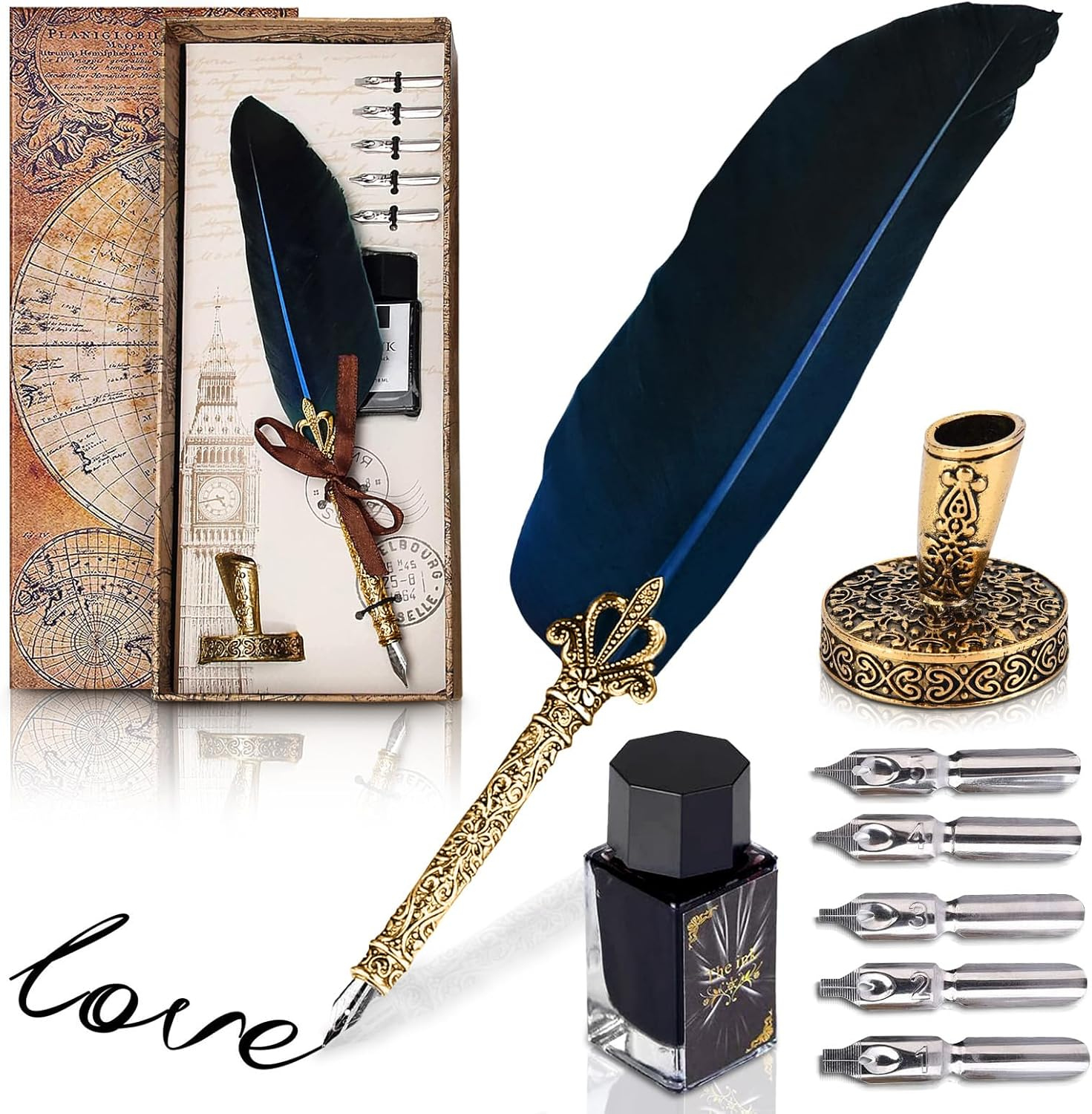 Lagarto Vintage Feather Quill Pen And Ink Set - Elegant Blue India in Feather Ink Greetings After Effects Template