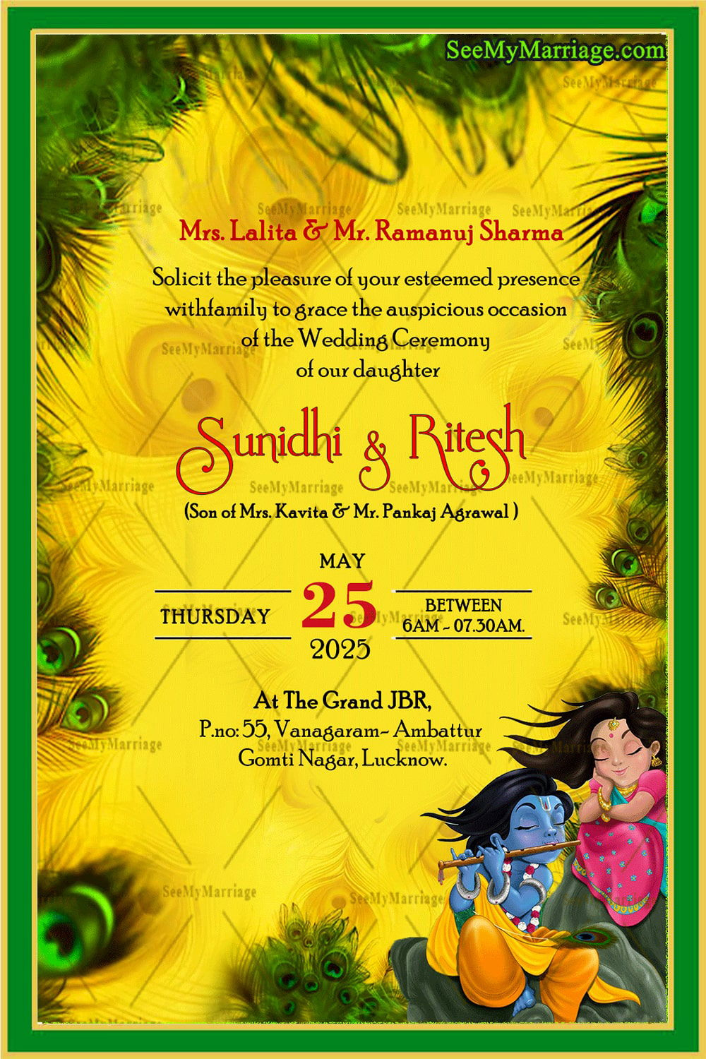 Peacock Feather Wedding Invitation Card Radha Krishna Yellow Theme regarding Indian Wedding Card Krishna Feather Template