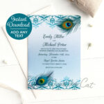 Peacock Wedding Invitation Teal Blue With Feathers And Ethnic For Peacock Feather Wedding Invitation Template