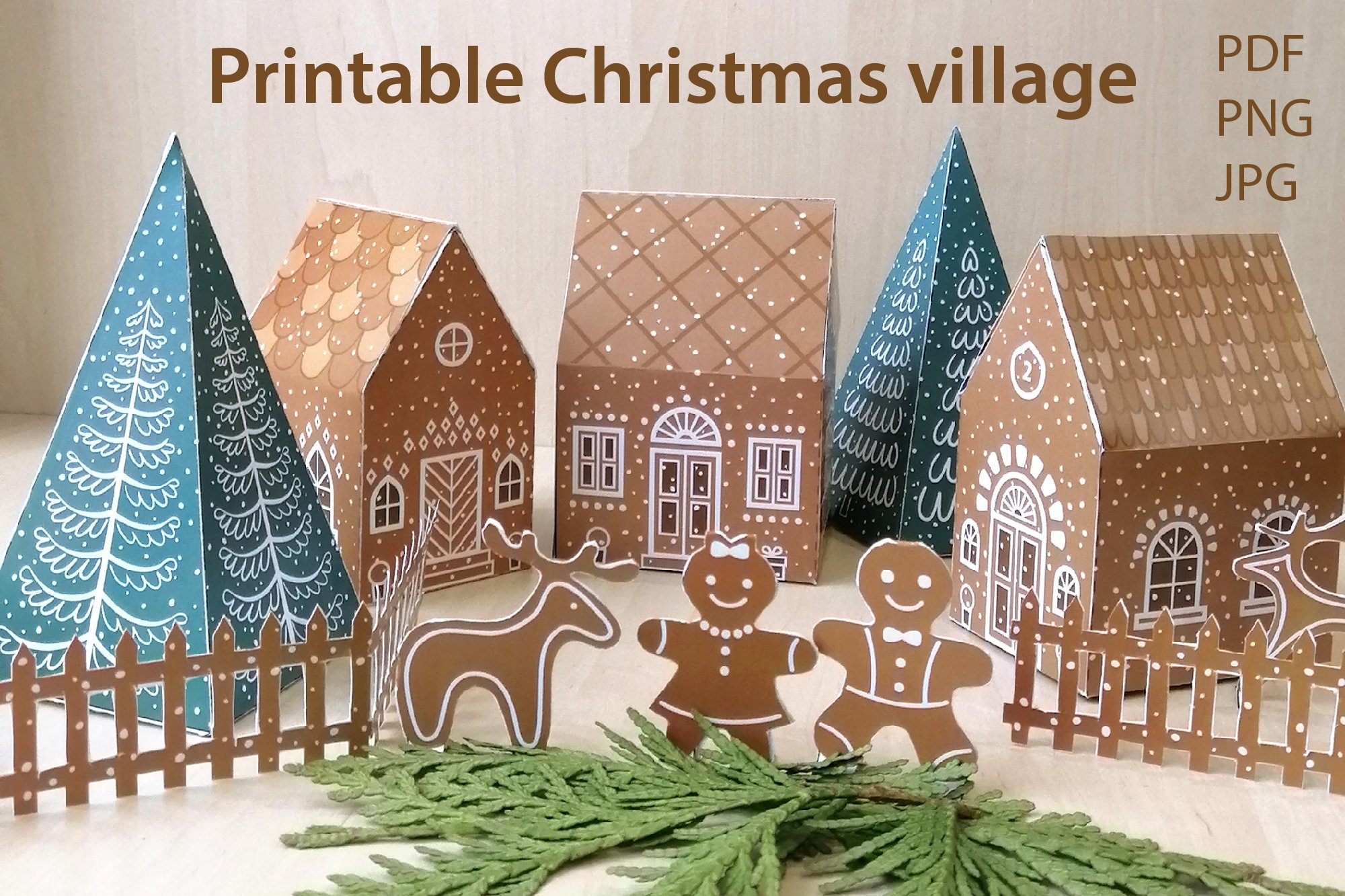 Printable Christmas Village, Paper Gingerbread House, Trees in Gingerbread House Village Template