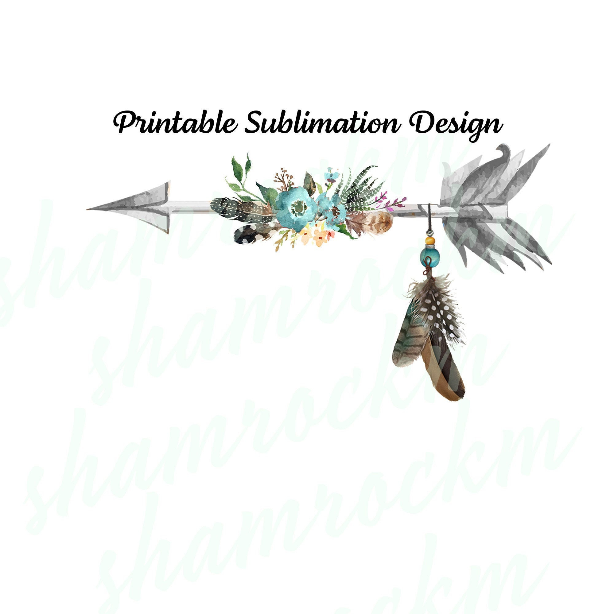 Printable Sublimation Design | Boho Arrow With Feathers | Silver throughout Arrow Feather Printable Template