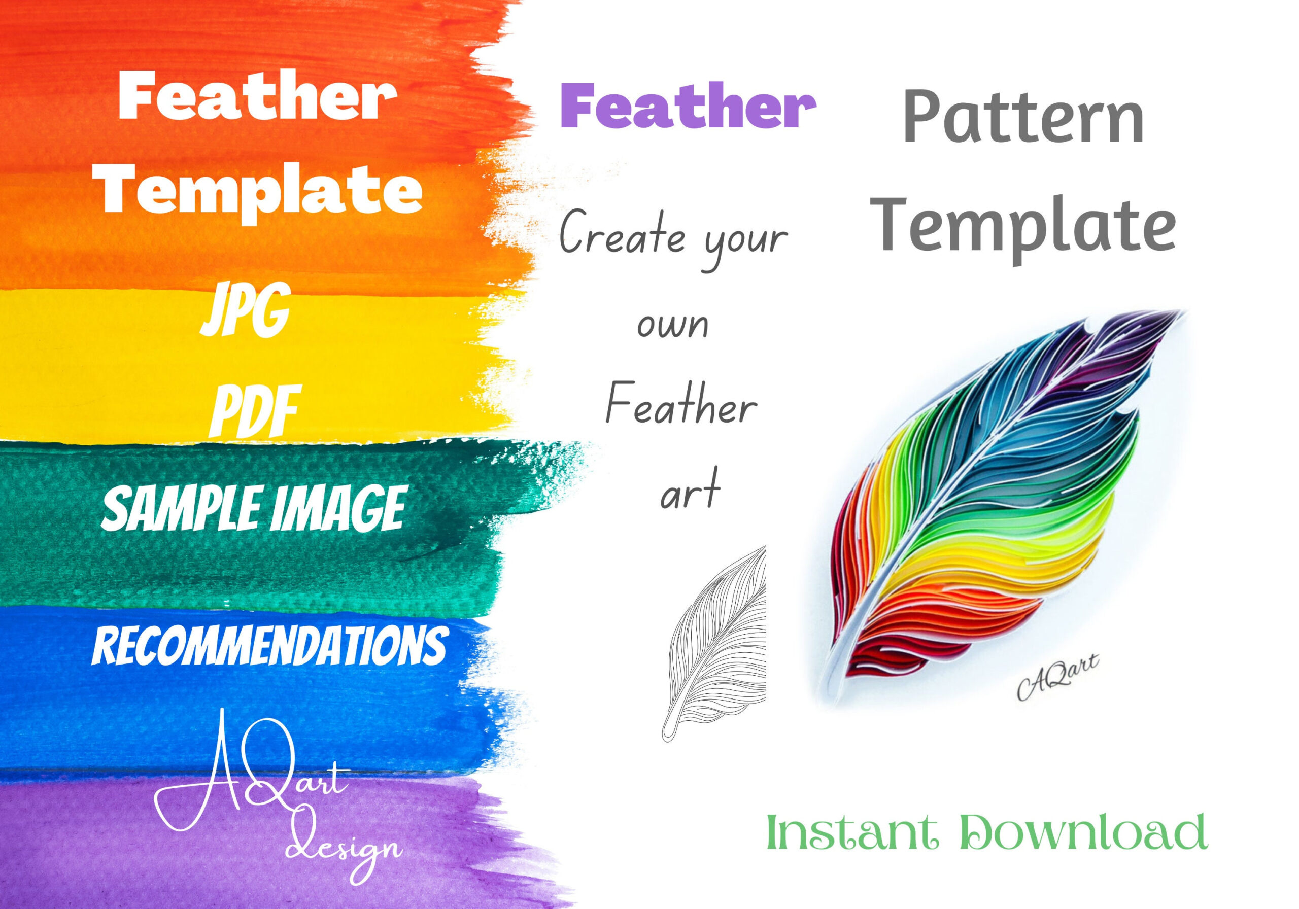 Rainbow Feather Pattern - Feather Template - Quilled Feather pertaining to Feather Pattern Template