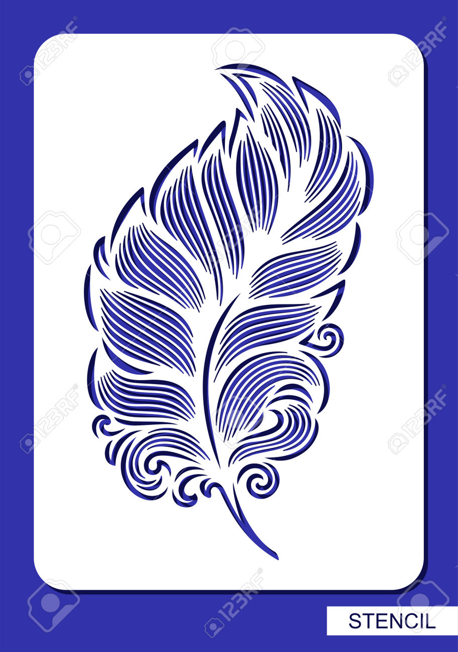 Stencil With Decorative Feather, Leaf. Beautiful Detailed Fluffy with regard to Wood Carving Feather Template