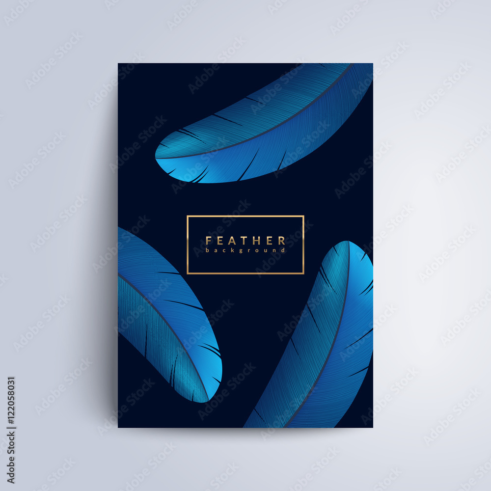 Stock-Vektorgrafik „Blue Feather Cover Design. Exotic Bird for Feather Template Flyer