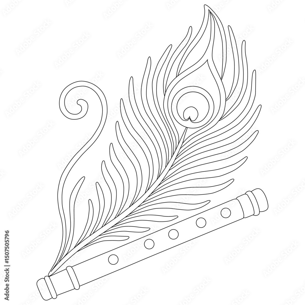 Stock-Vektorgrafik „Peacock Feather And Flute Line Art Vector with Peacock Feather Drawing Template