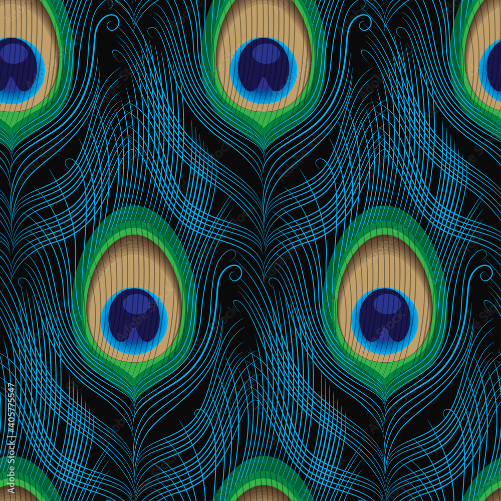 Stock-Vektorgrafik „Peacock Feather Makes A Seamless Pattern within Blue Peacock Feather Template