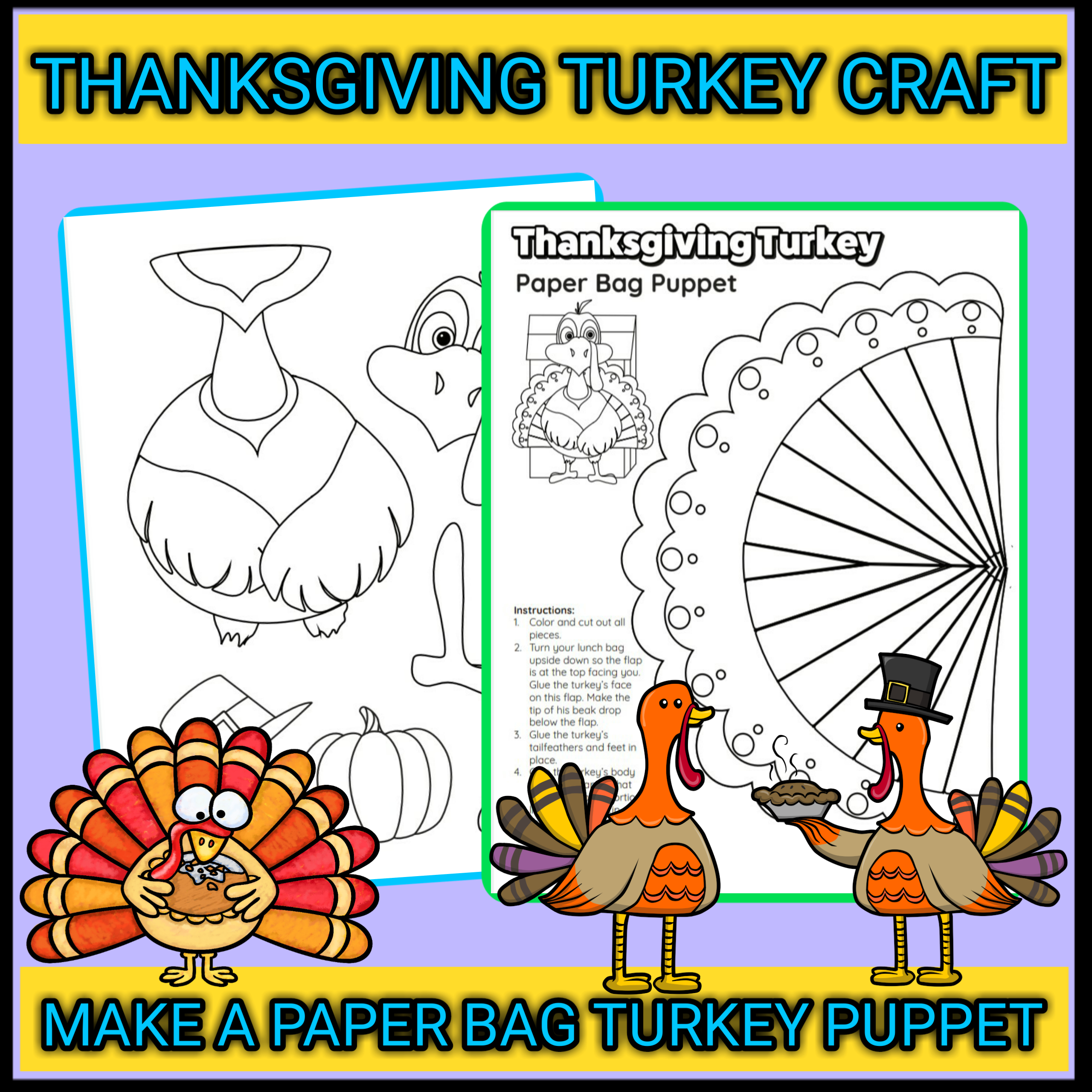 Thanksgiving Paper Bag Turkey Craft Template Activities For Kids with Paper Bag Turkey Template
