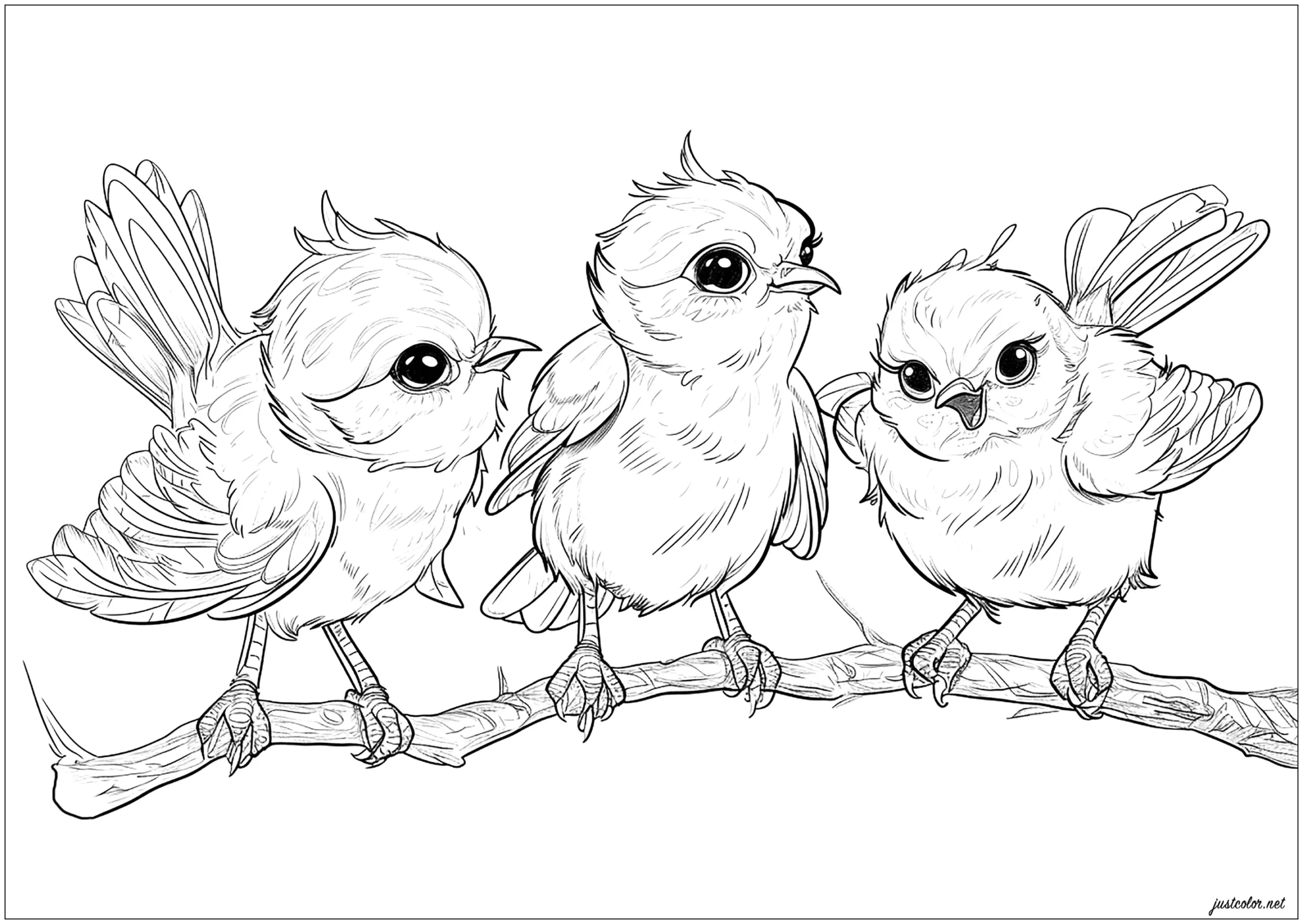 Three Pretty Little Birds - Bird Coloring Pages in Feather and Birds Coloring Template Free Printable