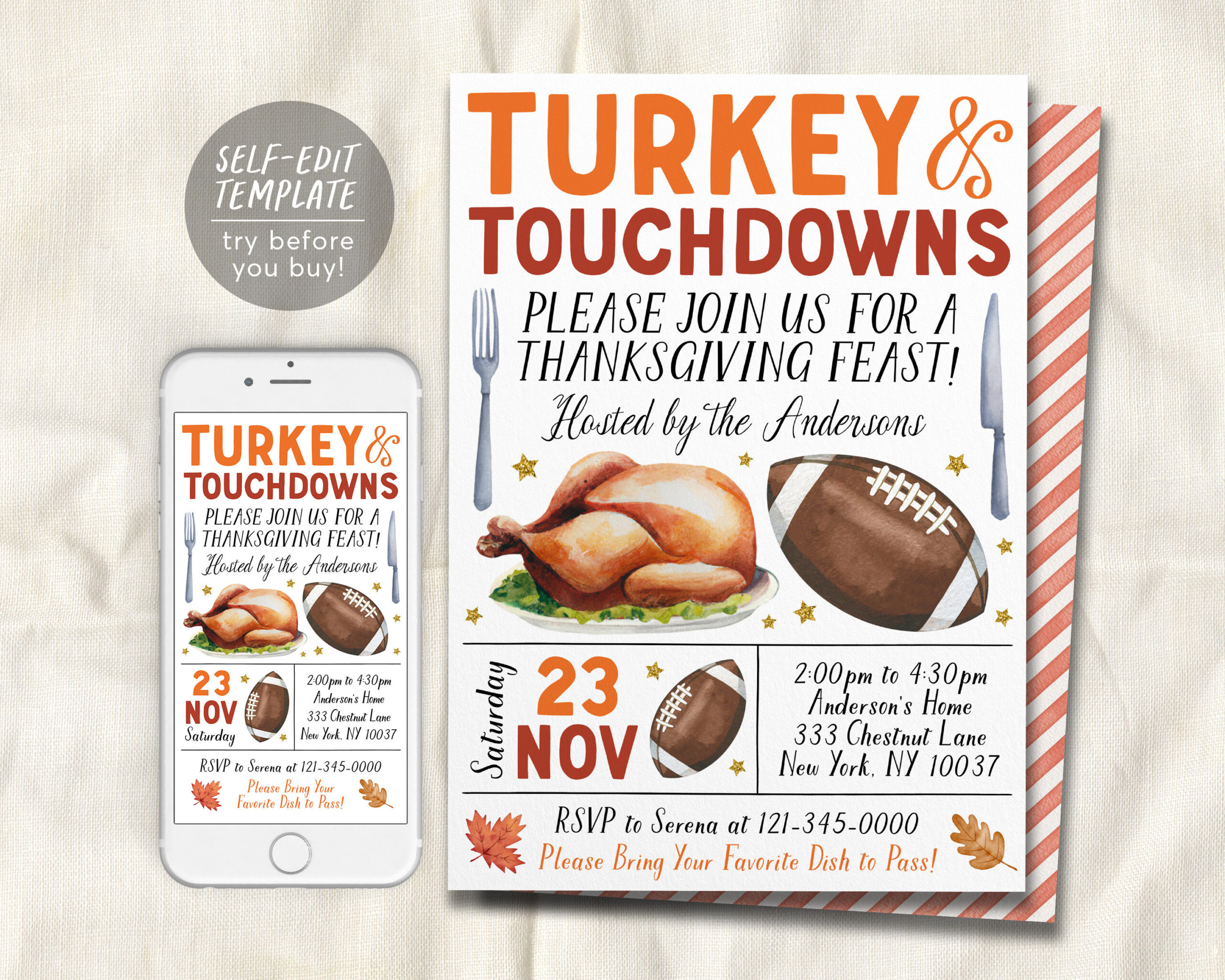 Turkey And Touchdowns Invitation Editable Template, Friendsgiving with regard to Turkey Invitation Template