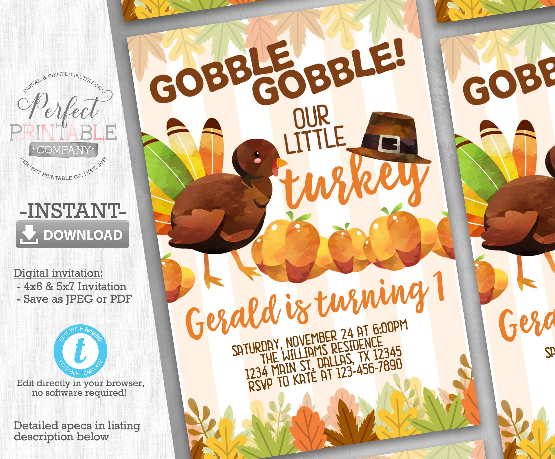 Turkey Birthday Invitation, Turkey Invitation, Turkey Invite, Fall intended for Turkey Invitation Template