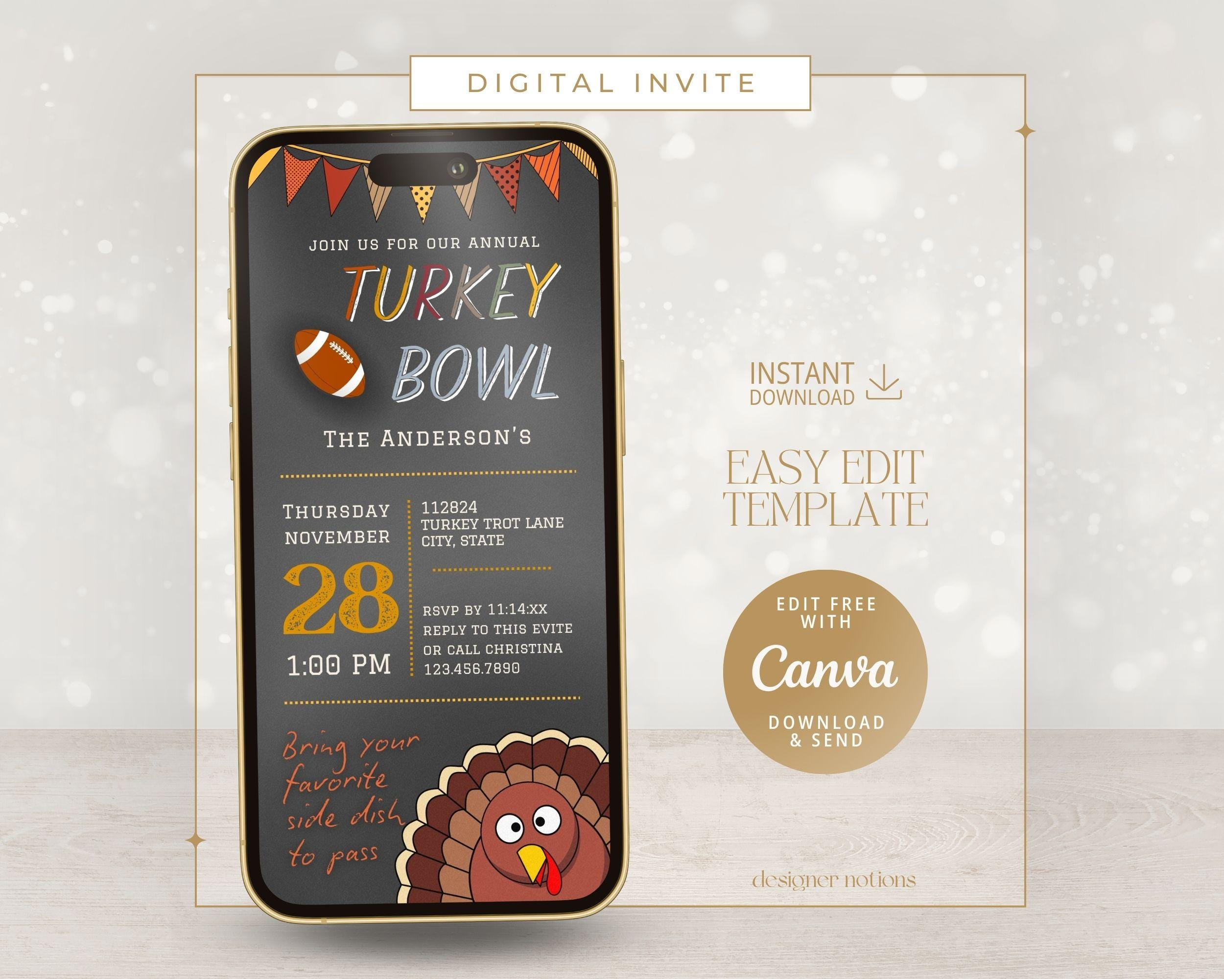 Turkey Bowl Invitation: Thanksgiving Football Party Evite (Canva regarding Turkey Bowl Flyer Template