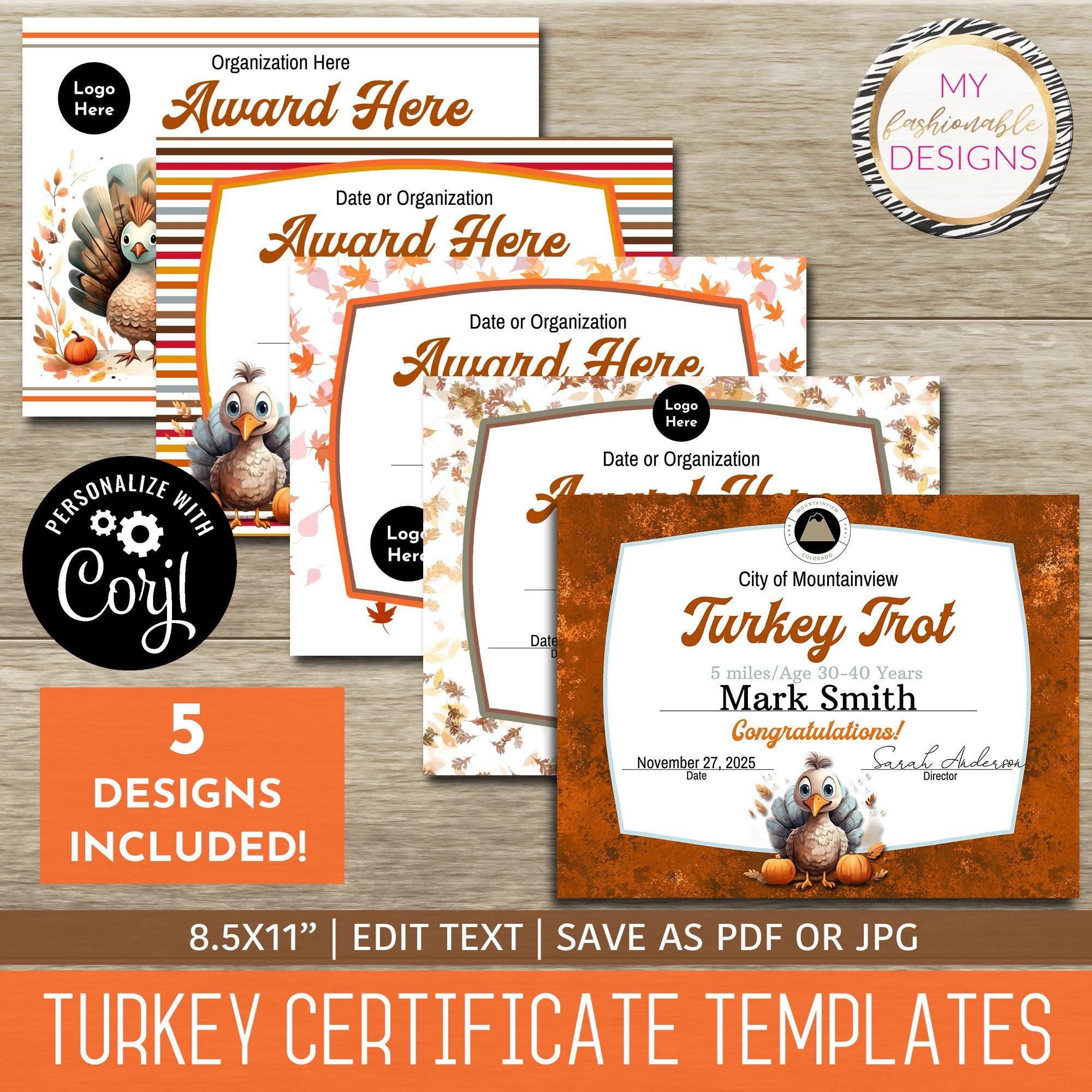 Turkey Certificate Template Set - 5 Design Templates! 8.5X11 regarding Turkey Trot Certificate Template