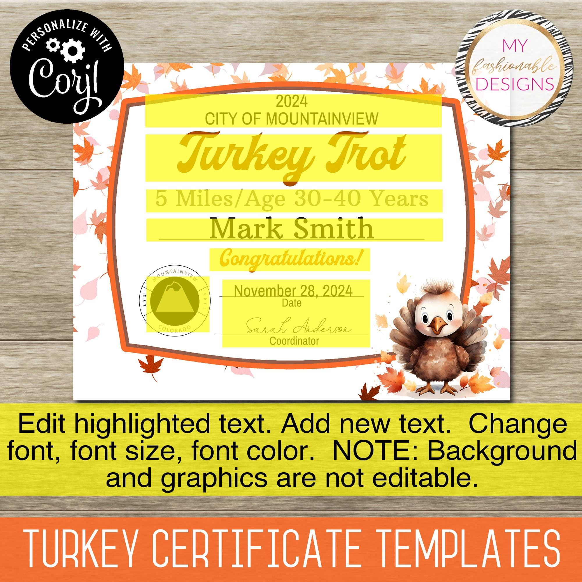 Turkey Certificate Template Set - 5 Design Templates! 8.5X11 with regard to Turkey Trot Certificate Template