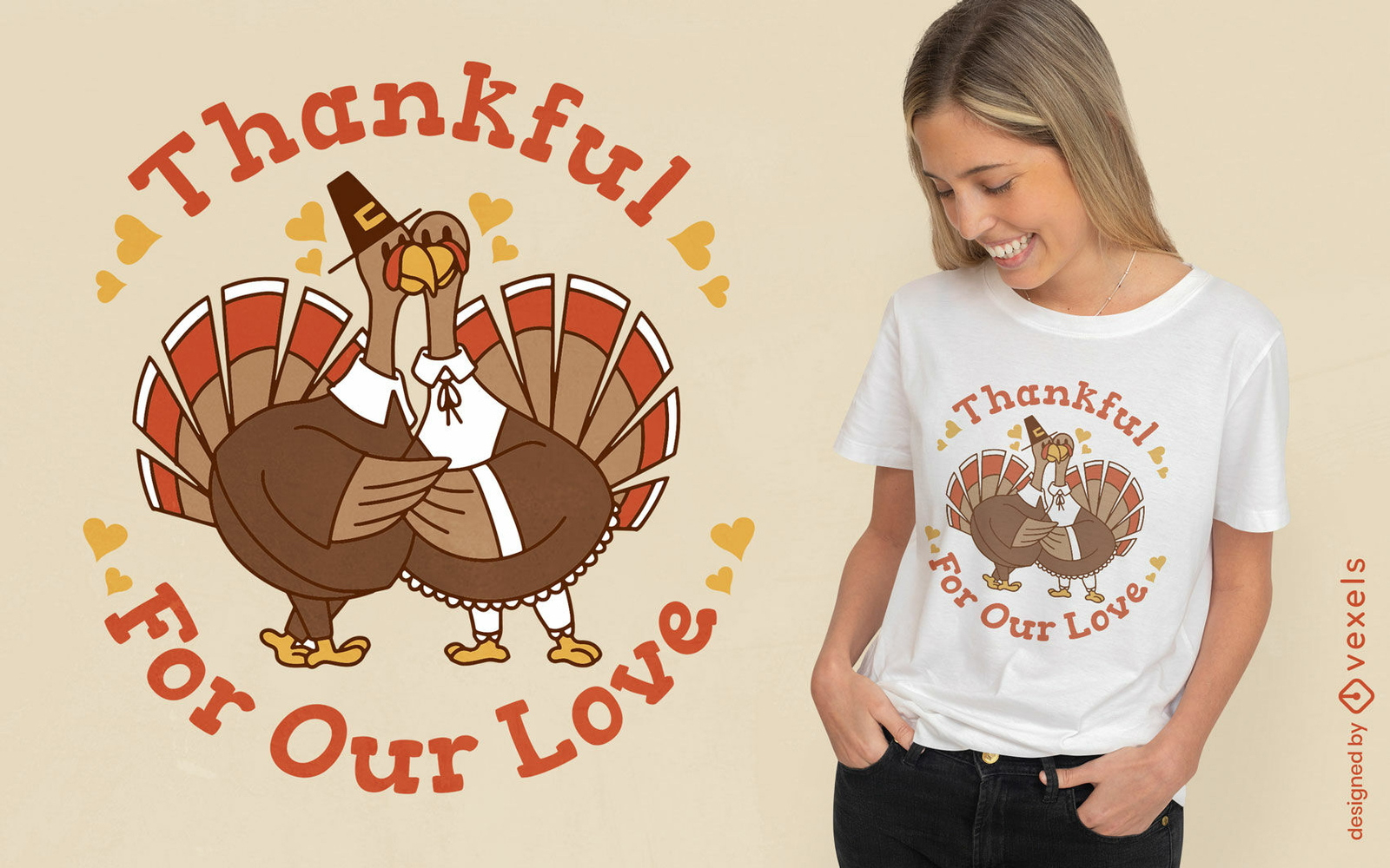 Turkey Couple Thanksgiving Day T-Shirt Design Vector Download in Turkey Shirt Template