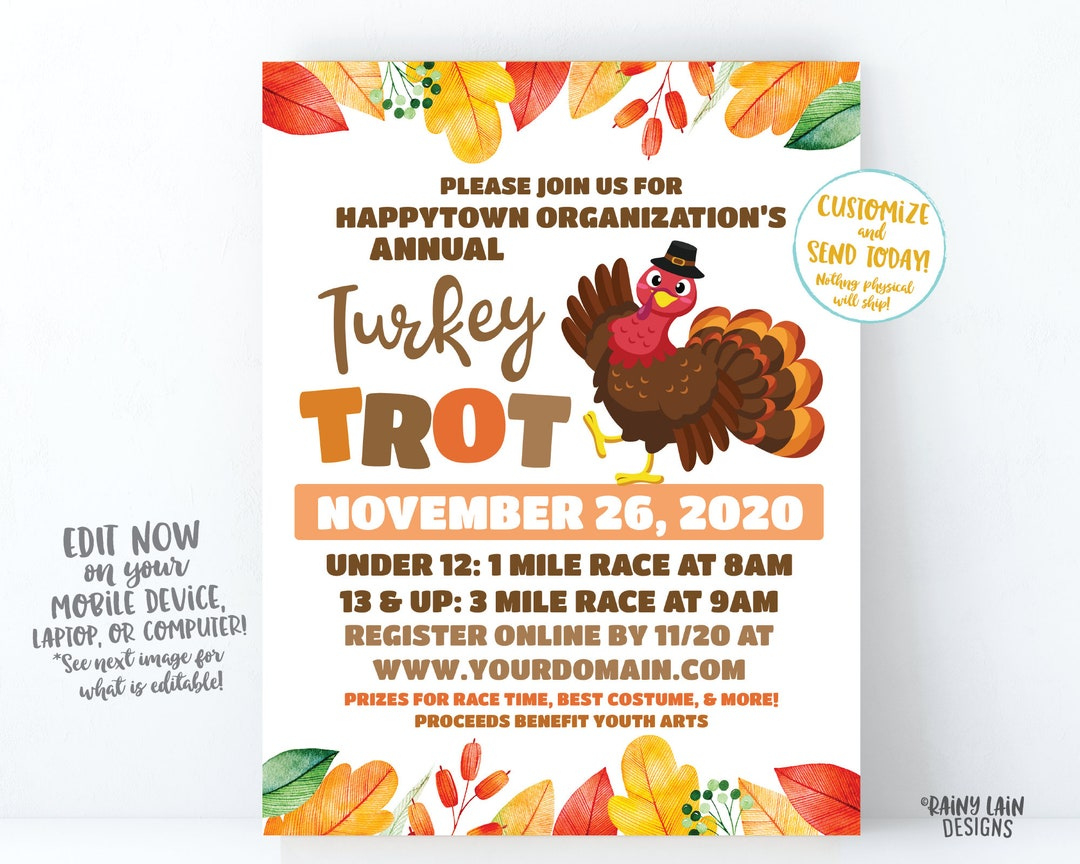 Turkey Trot Flyer, Thanksgiving Fundraiser Flyer, Turkey intended for Turkey Trot Design Templates