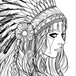 Young Woman With Indian Headdress   Native American Coloring Pages With Indian Feather Shapes To Printable Template