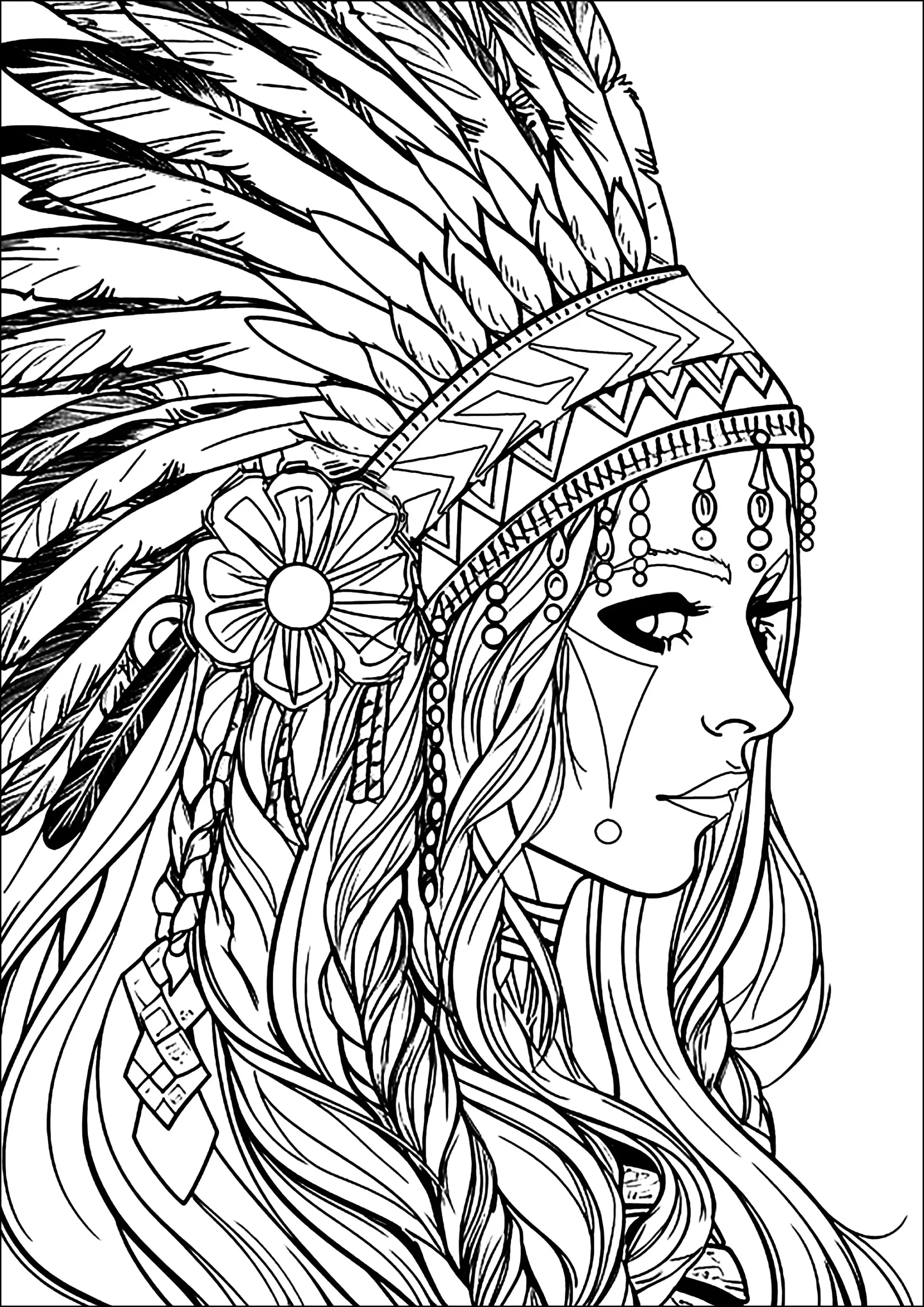 Young Woman With Indian Headdress - Native American Coloring Pages with Indian Feather Shapes To Printable Template