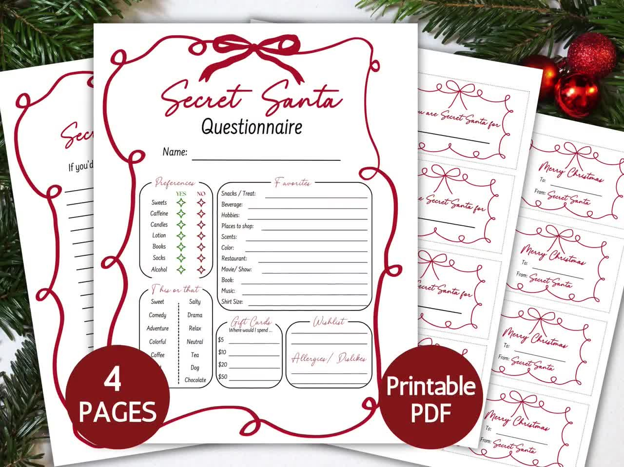 Bow Secret Santa Survey Questionnaire, Coworker Office Gift Exchange Party  Christmas Party Game Holiday Dinner Wish List Template Editable regarding Christmas Party Survey Template