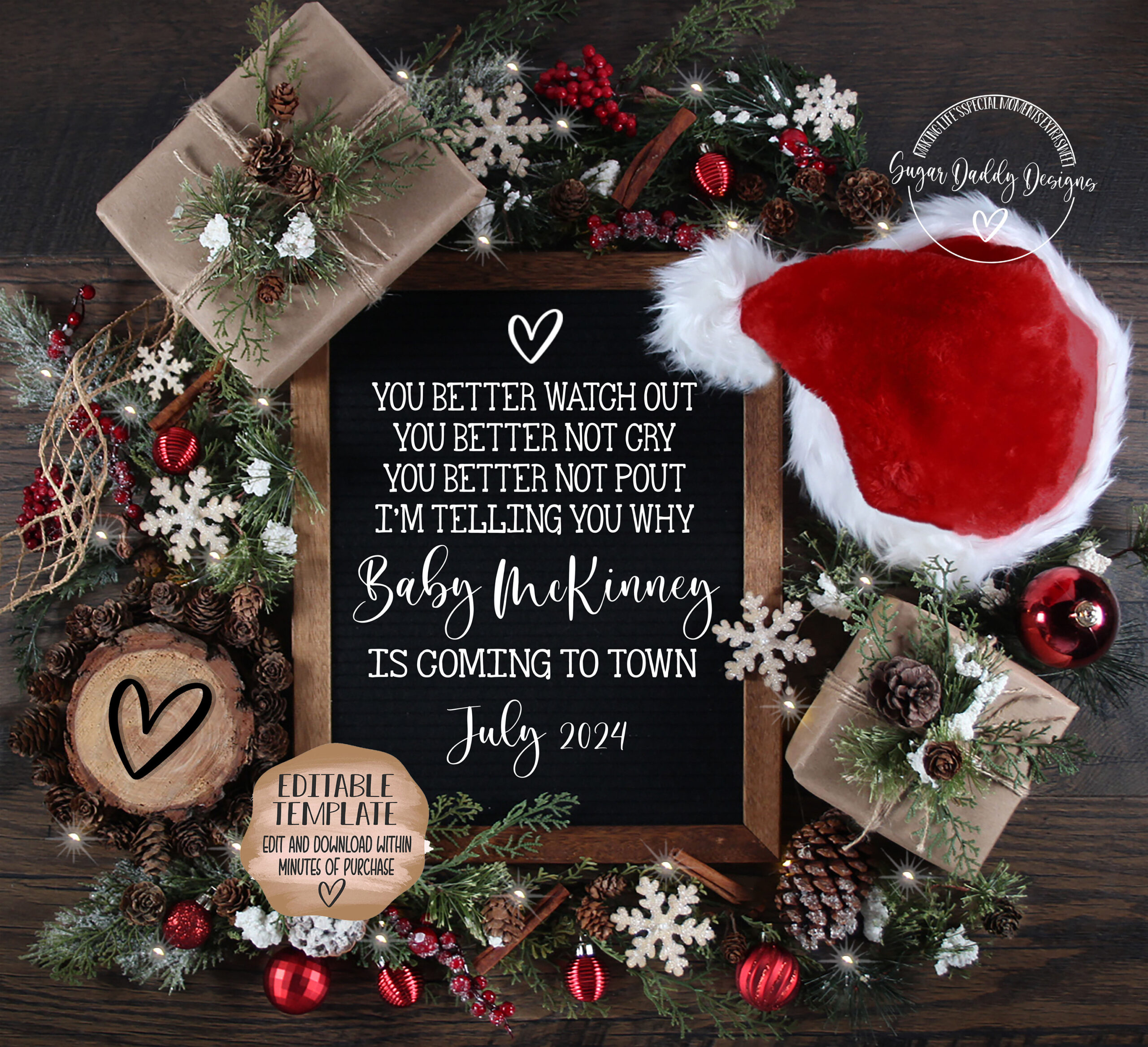 Christmas Baby Announcement: Holiday Reveal, Editable Template with Christmas Pregnancy Announcement Template