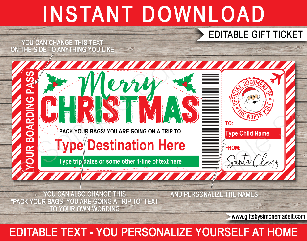 Christmas Boarding Pass From Santa Template - Red &amp;amp; Green inside Christmas Plane Ticket Template