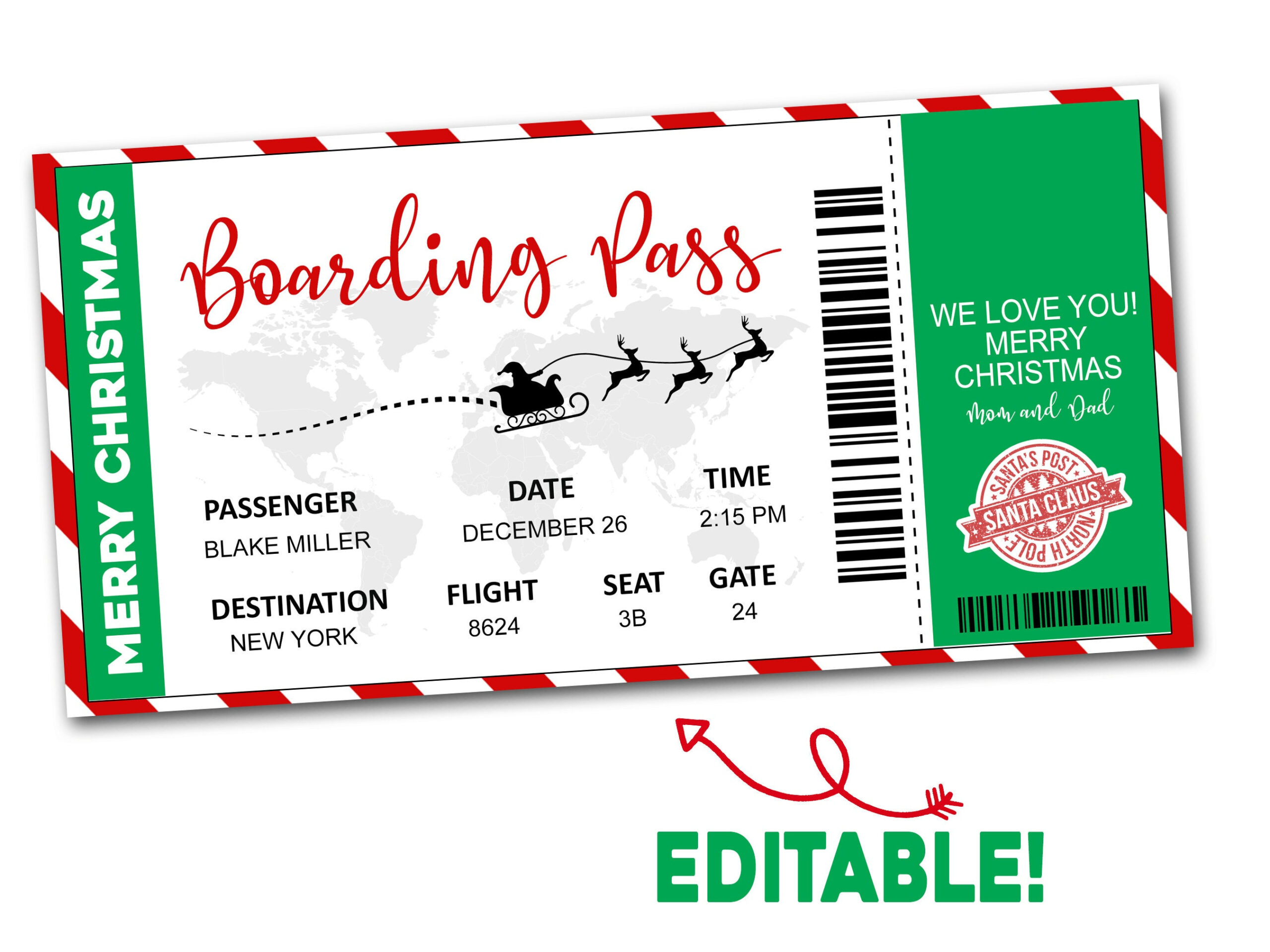 Christmas Boarding Pass Ticket Template, Surprise Airline Gift with Christmas Plane Ticket Template