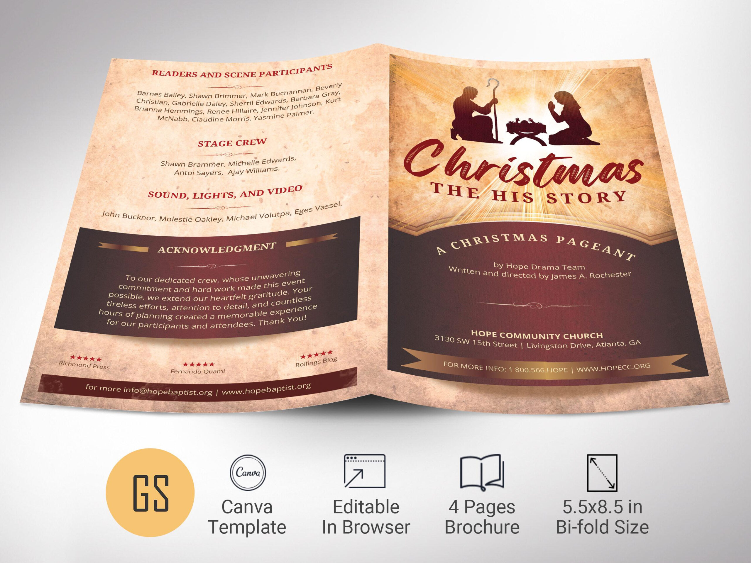 Christmas Cantata Program Template, Nativity Church Bulletin with Christmas Pageant Program Template