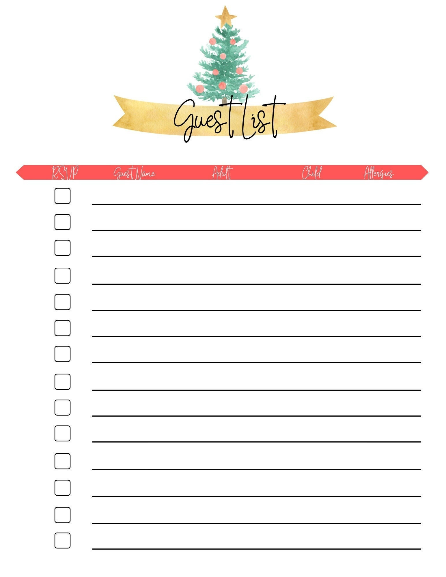 Christmas Dinner Guest List Planner | Instant Download| Printable in Christmas Party Guest List Template