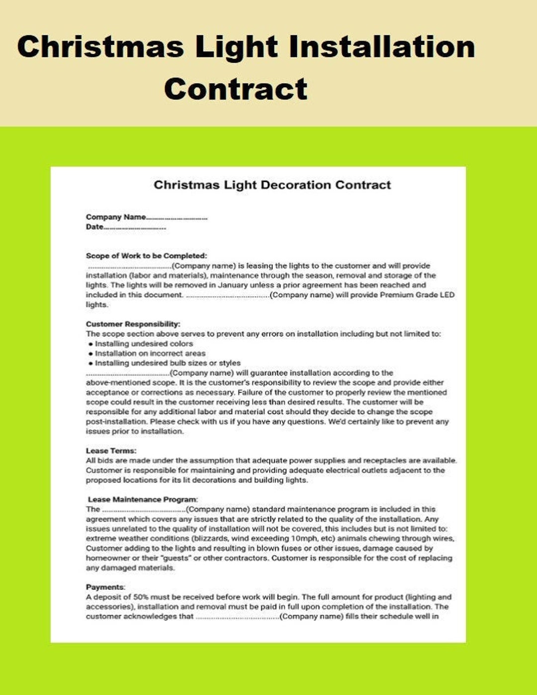 Christmas Light Decoration Contract / Agreement - Christmas Light with Christmas Light Installation Contract Template