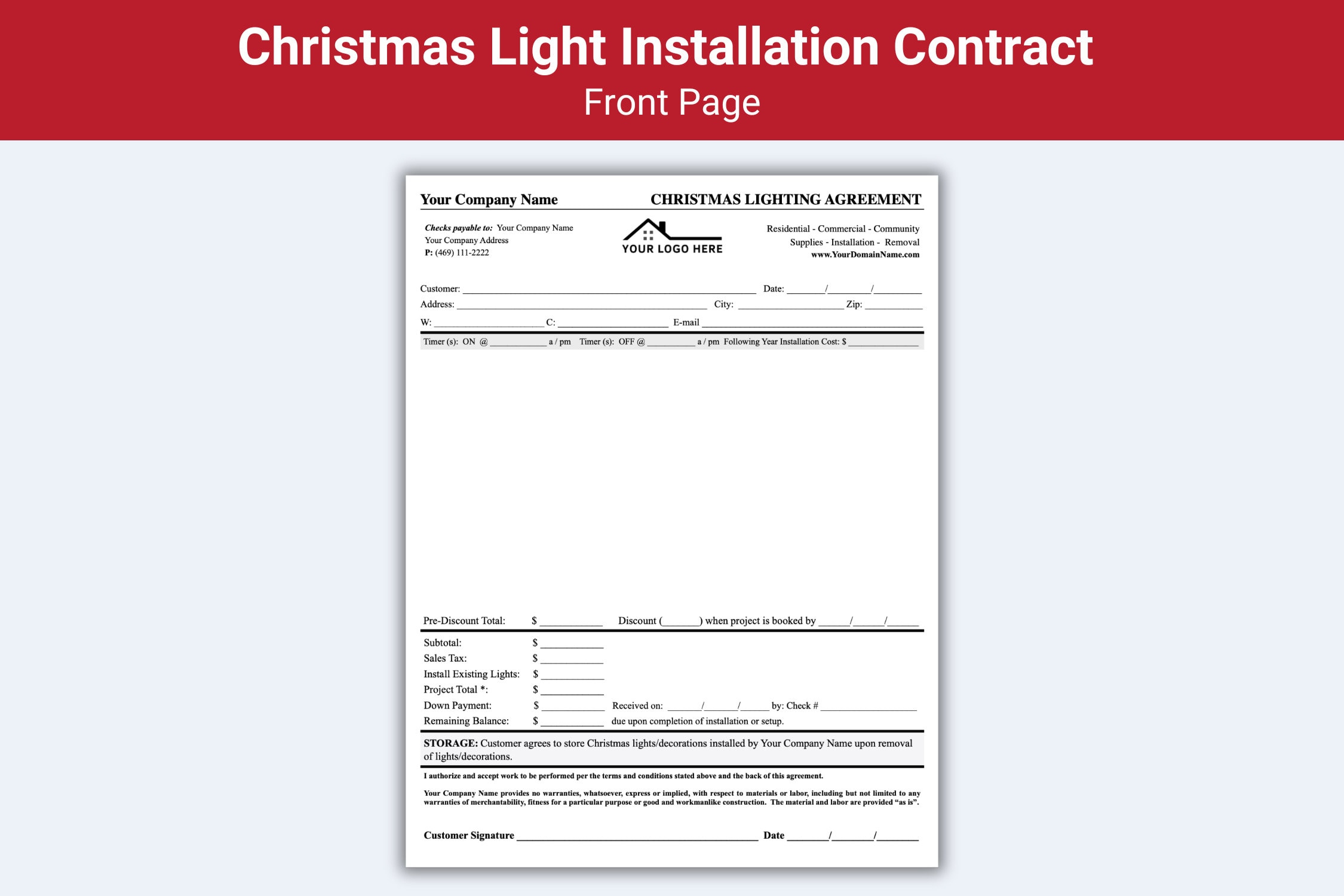 Christmas Light Installation Contract Template: Editable Agreement in Christmas Light Installation Contract Template