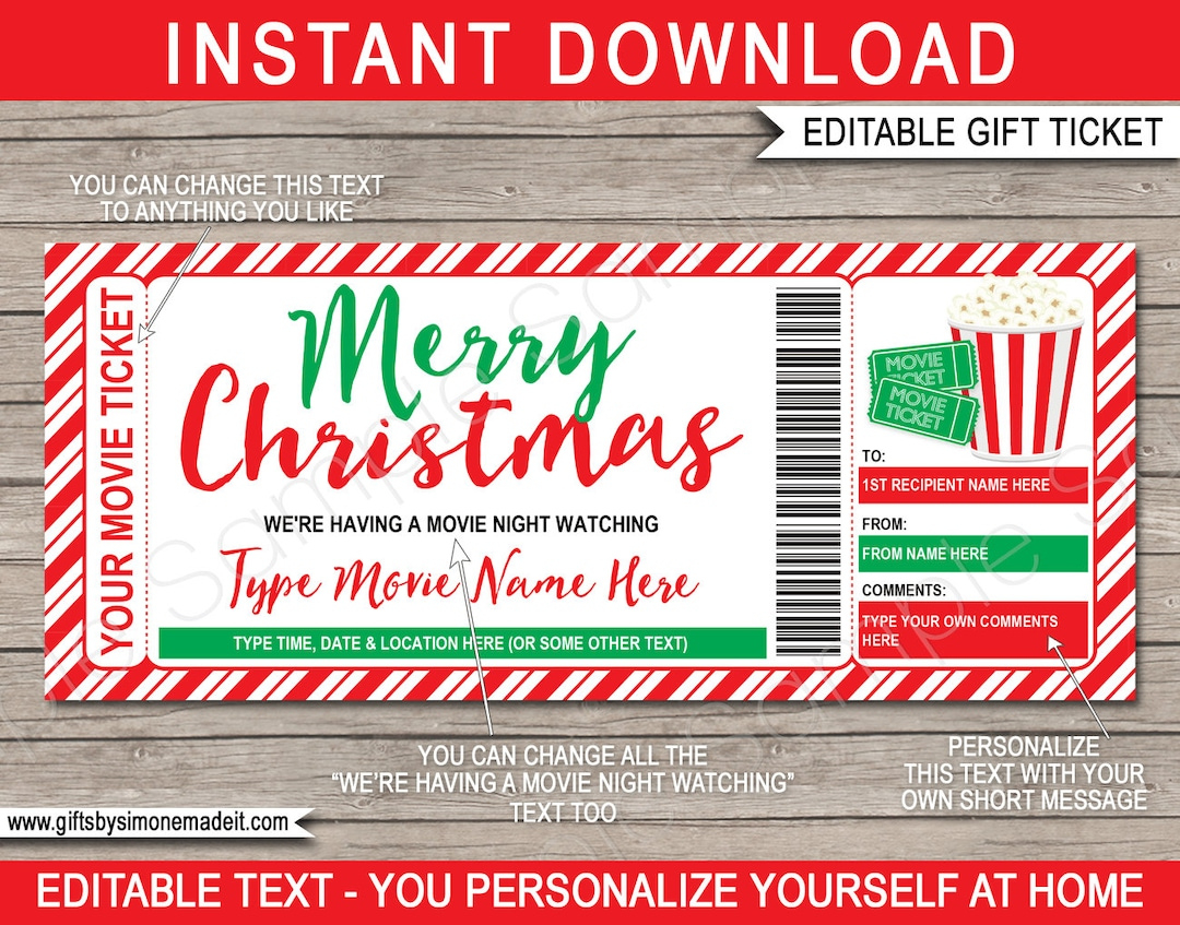Christmas Movie Night Ticket Geschenkgutschein Vorlage (Digitaler with Christmas Movie Ticket Template