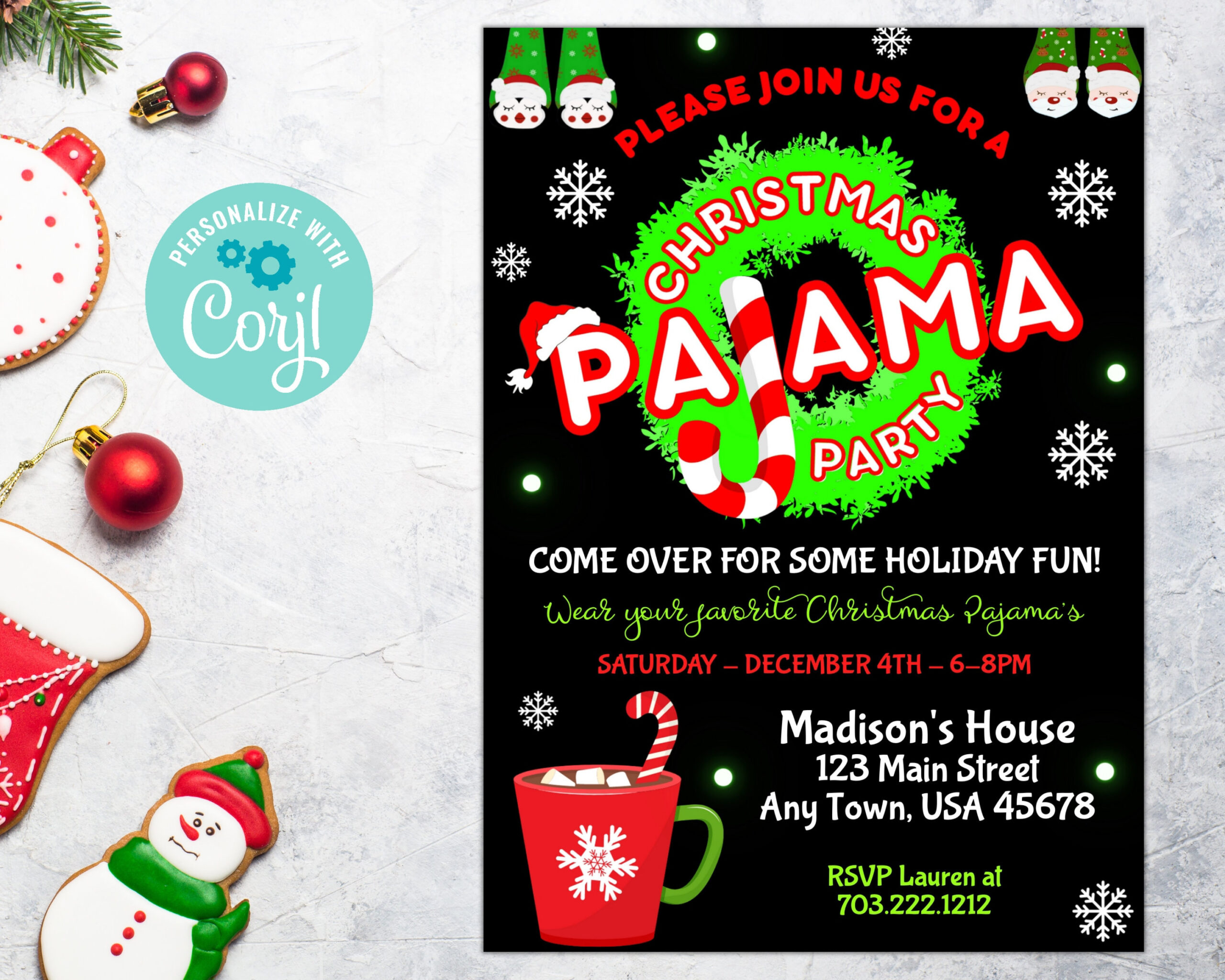 Christmas Pajama Invitations, Pajama Invitation, Christmas Party for Christmas Pajama Party Invitation Template