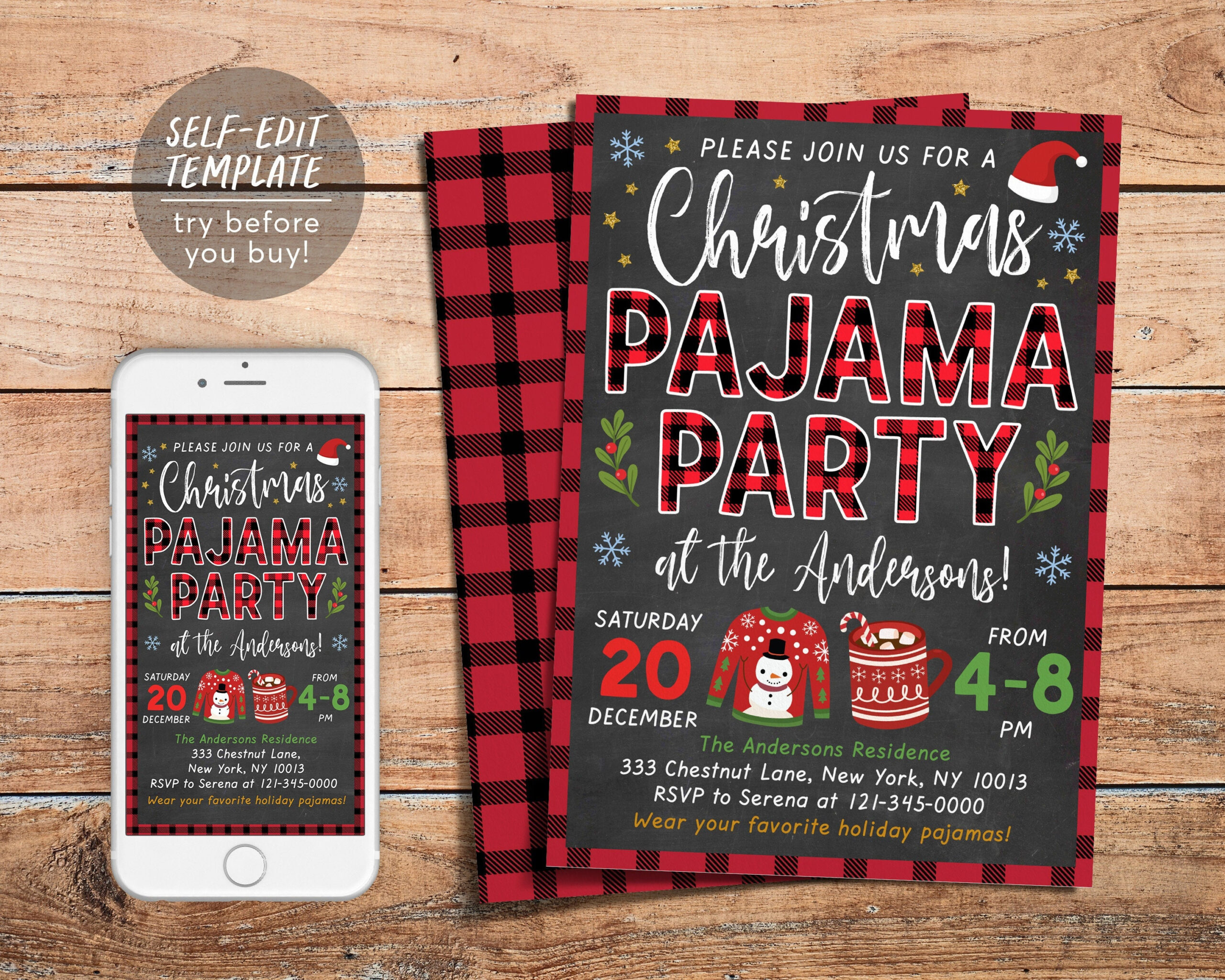 Christmas Pajama Party Invitation Editable Template, Kids Xmas regarding Christmas Pajama Party Invite Template