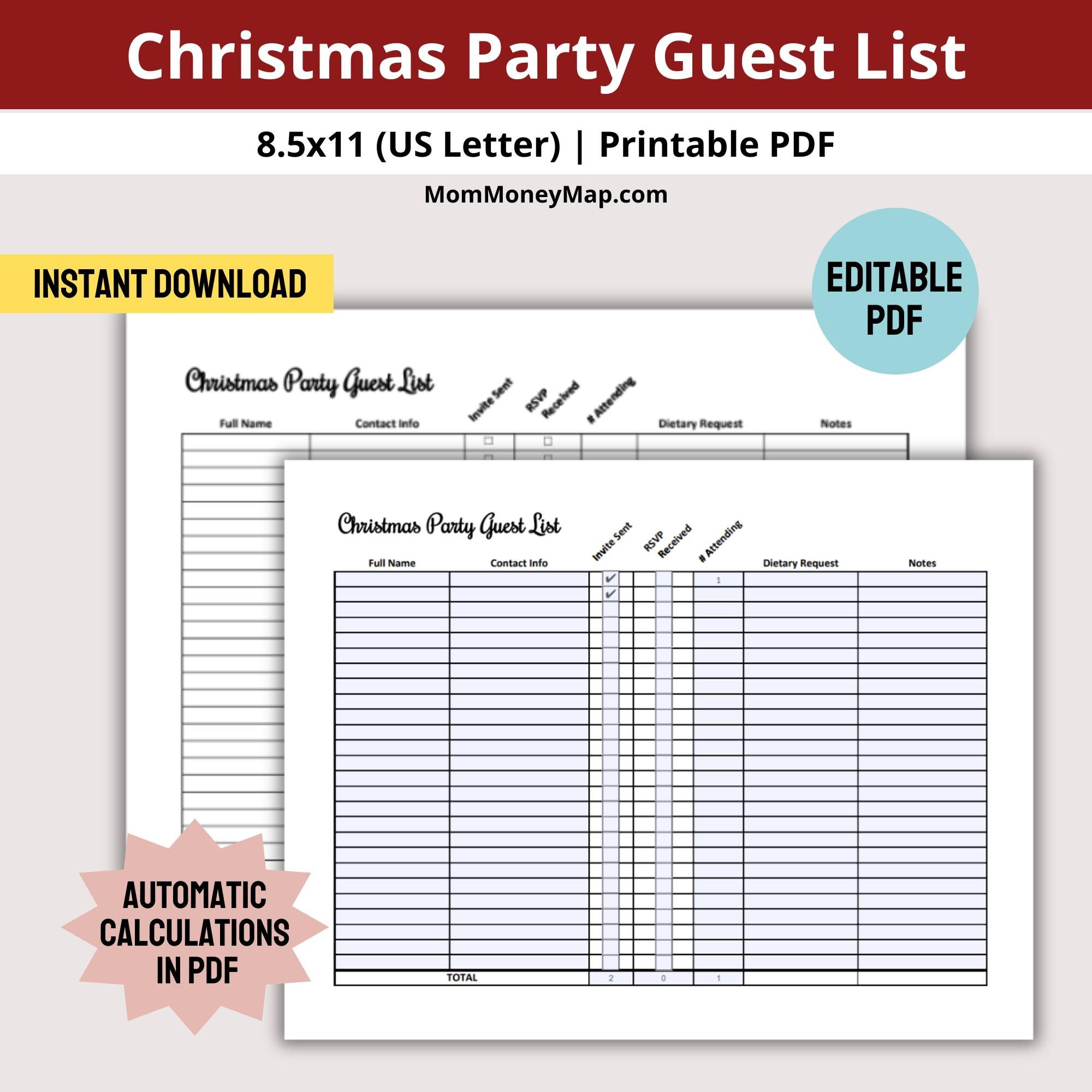 Christmas Party Guest Rsvp Organizer Tracker Printable Pdf pertaining to Christmas Party Guest List Template